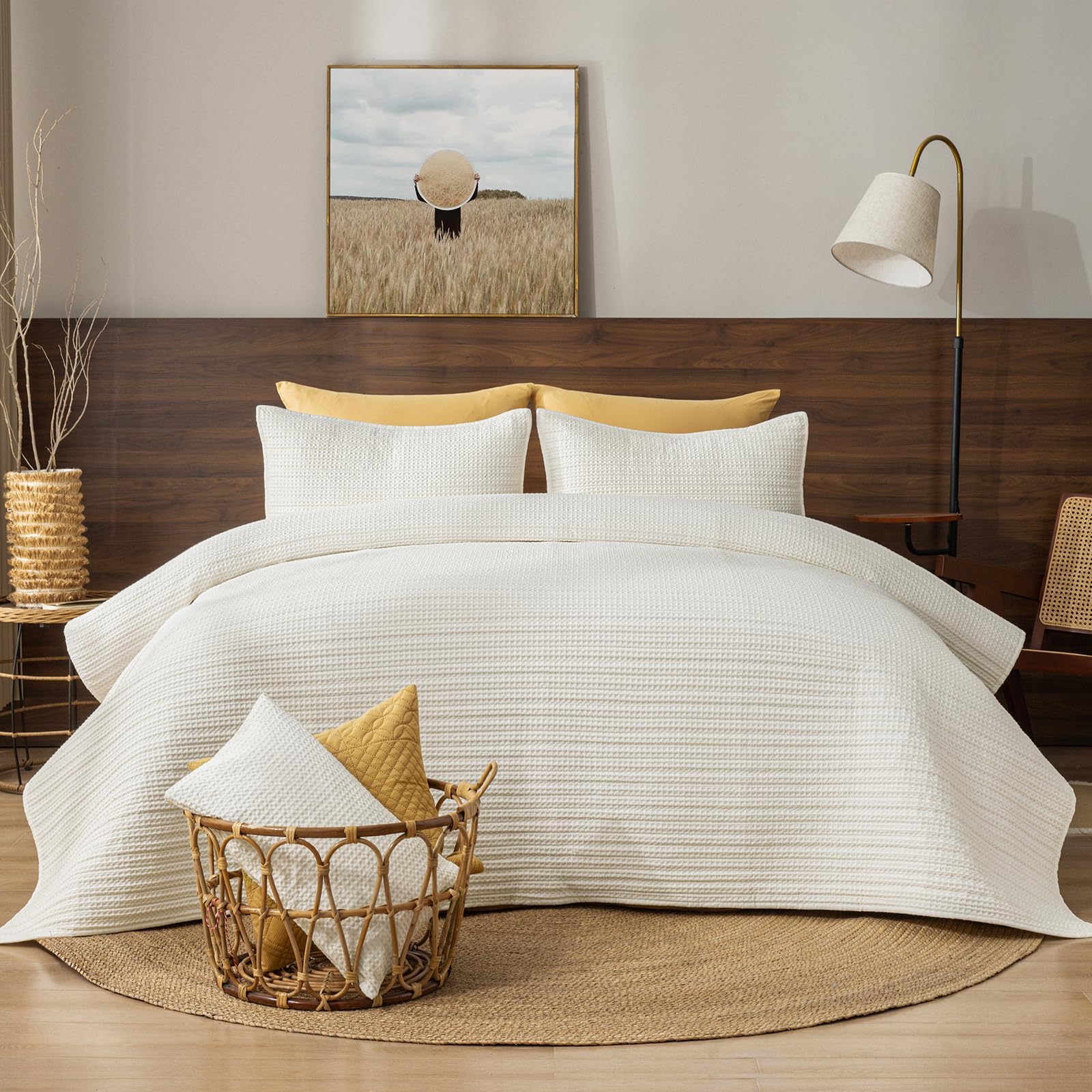 phf 100% washed cotton waffle quilt set king size(106"x90")-lightweight with striped channel, cozy quilted bedspread set, home decor, 1 soft coverlet with 2 matching shams, charcoal grey