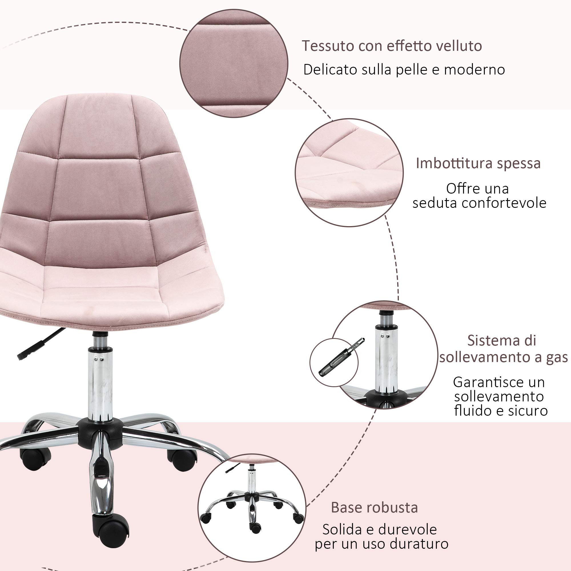 Vinsetto Sedia da Ufficio Girevole Ergonomico, Regolabile, Rosa