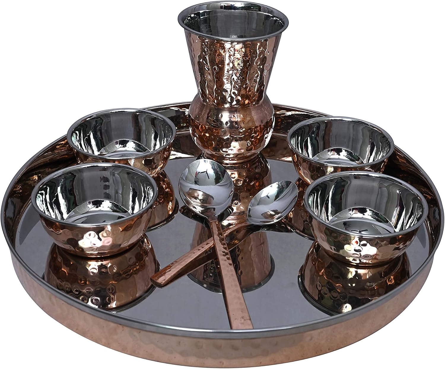 PARIJAT HANDICRAFT Dinnerware Stainless Steel Copper Traditional Dinner Set Of Thali Plate, Bowls, Glass And Spoon, Diameter 12 Inch