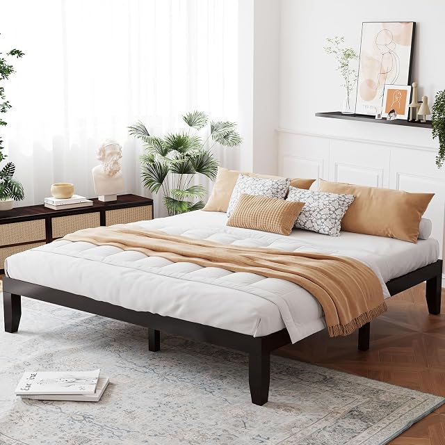 Giantex 14 Inch King Wood Platform Bed Frame Minimalist Style Mattress Foundation with Solid Rubber Wood Heavy Duty