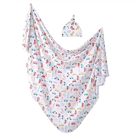 Knit Swaddle Blanket, Super Stretchy, Luxury Knit & Buttery Soft?, Knitted Receiving Blanket for New Born Baby with Free Top Knot Hat by Drooling Baby - Anti Bacterial Certified.