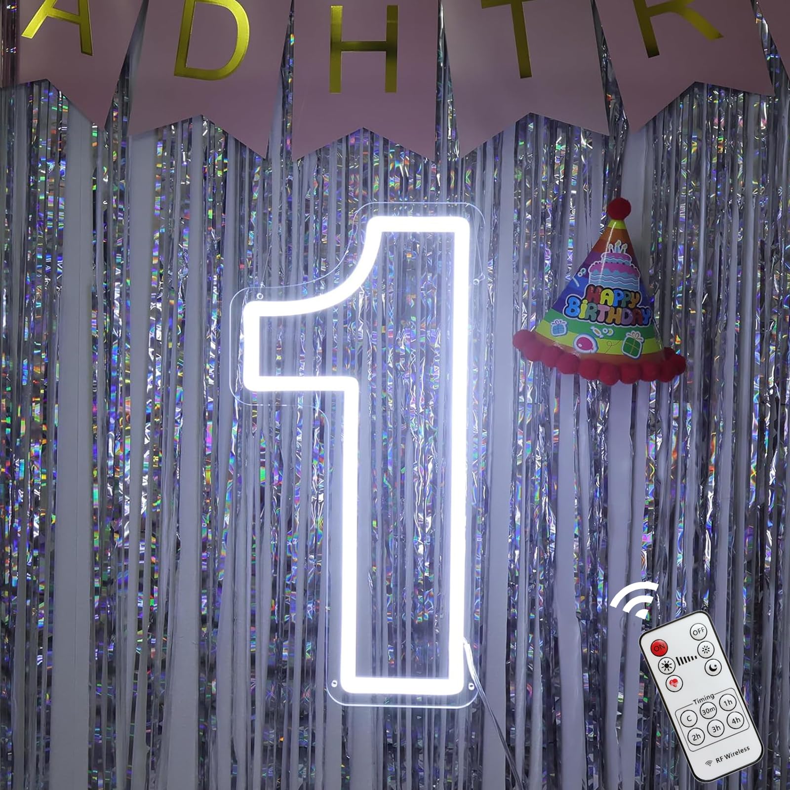 One Neon Sign for First Birthday, Remote Dimmer Light up Number One Neon Sign for Party, White One Year Old Baby Led Neon Light Sign for Wall Decor, Wedding Home Bedroom Birthday Gift - 15.7''