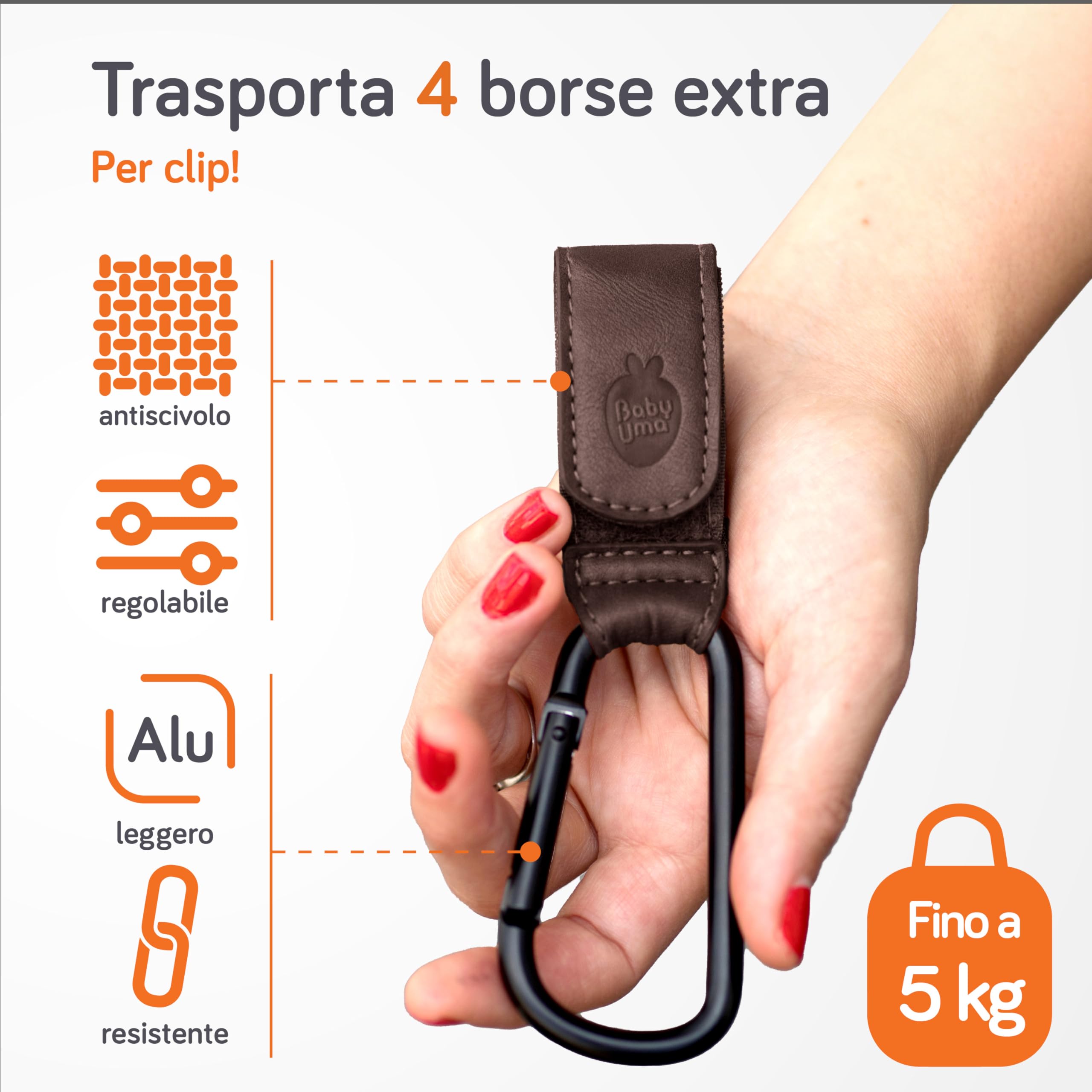 Baby Uma Ganci per Passeggino Porta Borse in Similpelle - Ganci Passeggino Universali, Antiscivolo, Fino a 5 kg (Marrone Scuro)