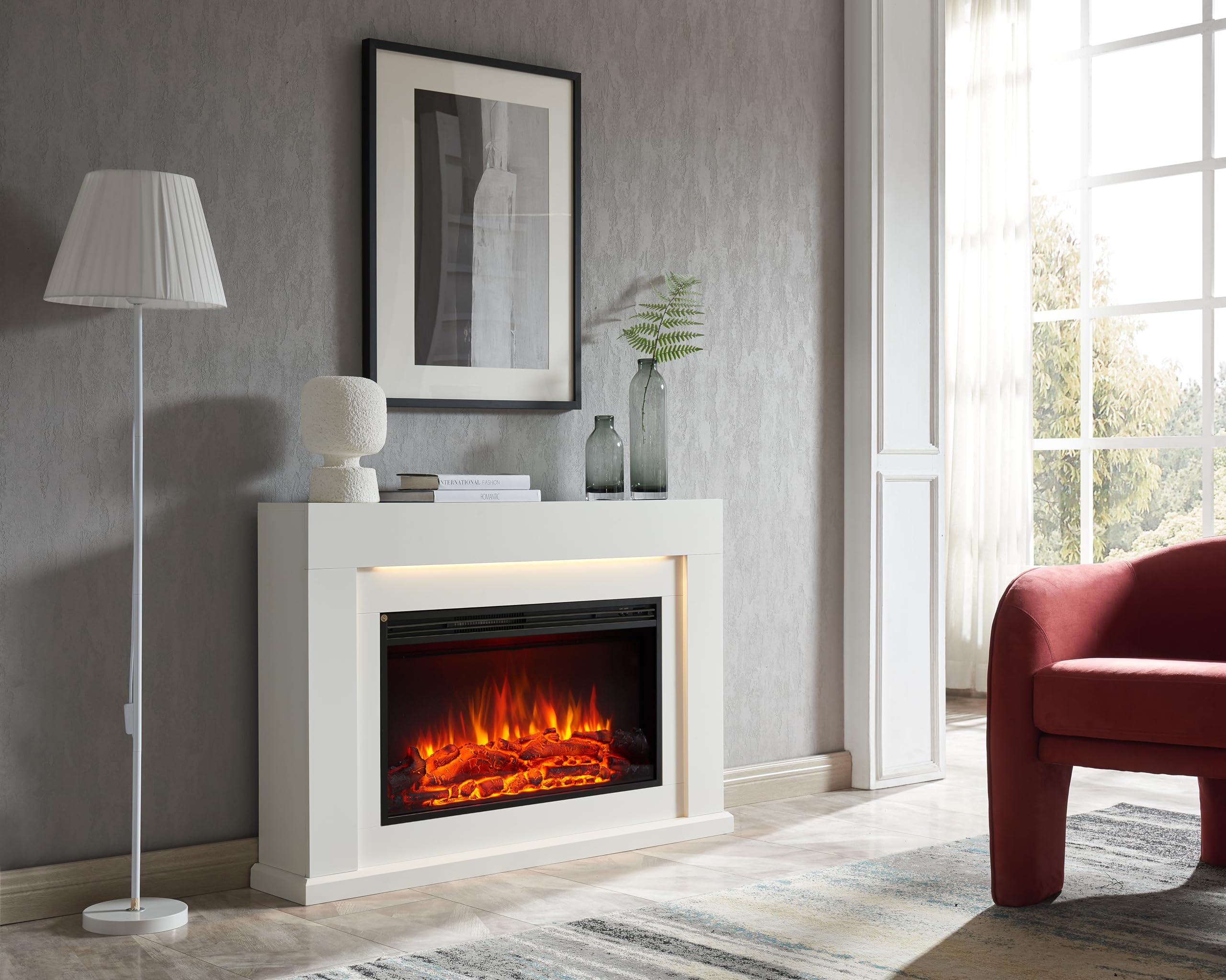 BALDERIA camino elettrico Xerses | Caminetto elettrico da terra con effetto fiamma 3D | Riscaldamento elettrico 2000W, luce LED | Focolare elettrico con telecomando, termostato, timer | Grigio cemento