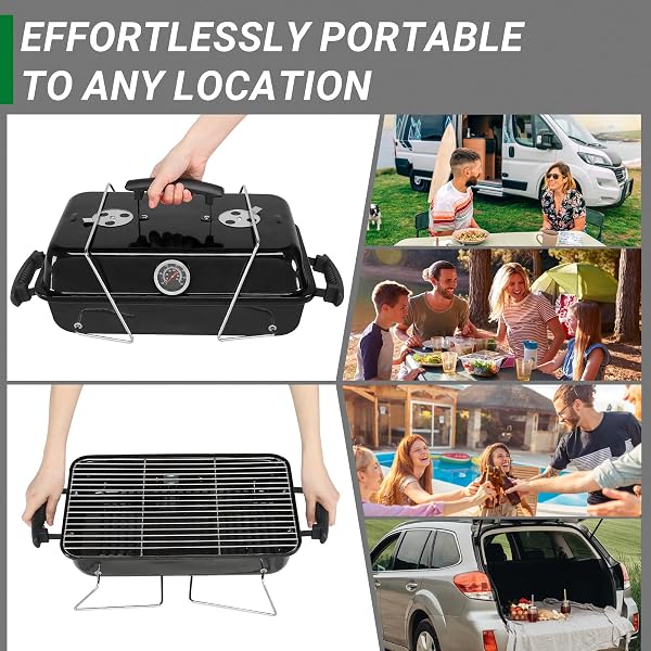 Portable Charcoal Grill, Tabletop Outdoor Barbecue Smoker, Small Folding BBQ Grill with Lid, Thermometer, Stainless Steel Legs for Camping Garden Party Picnic Cooking, Black - 4
