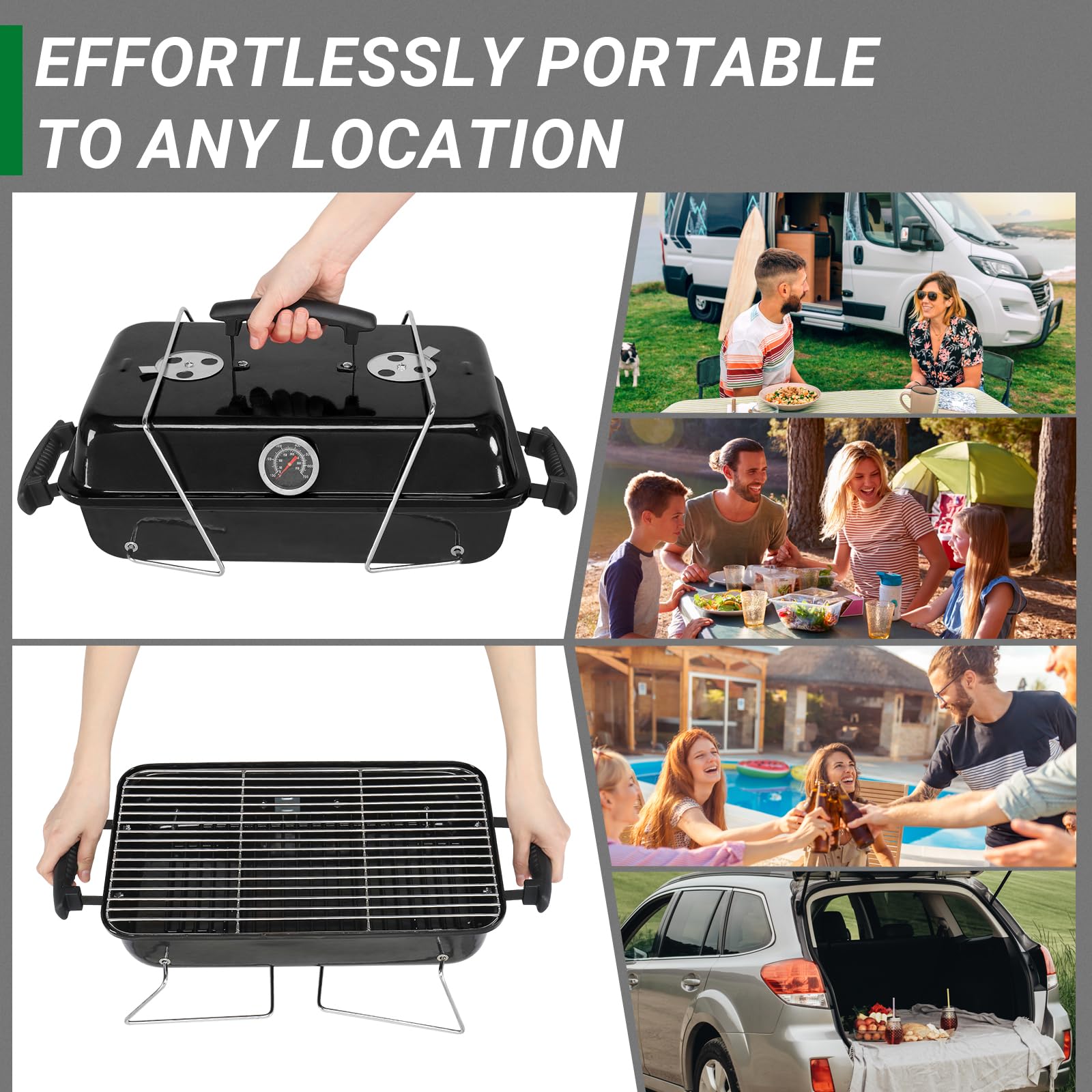 Portable Charcoal Grill, Tabletop Outdoor Barbecue Smoker, Small Folding BBQ Grill with Lid, Thermometer, Stainless Steel Legs for Camping Garden Party Picnic Cooking, Black - 4