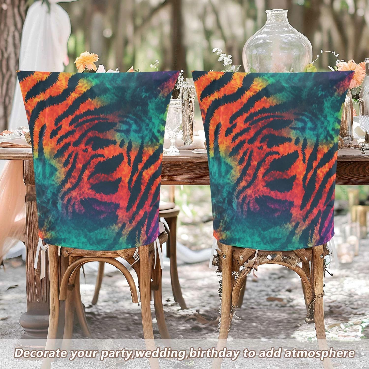 ALAZA Rainbow Color Tiger Stripes Geometric Chair Back Cover Set of 6, Washable Reusable Removable Chair Slipcovers Decorative Chair Cover for Home Kitchen Wedding Party