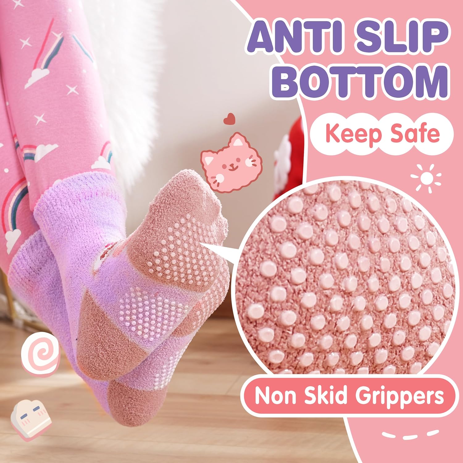 ANTSANG Kids Girls Toddlers Fuzzy Socks with Grips Non Slip Slipper Socks Fluffy Cozy Cabin Plush Warm Crew Socks 6 Pack 4-7 Years Monster image 2 of 5 B0CBP468HF