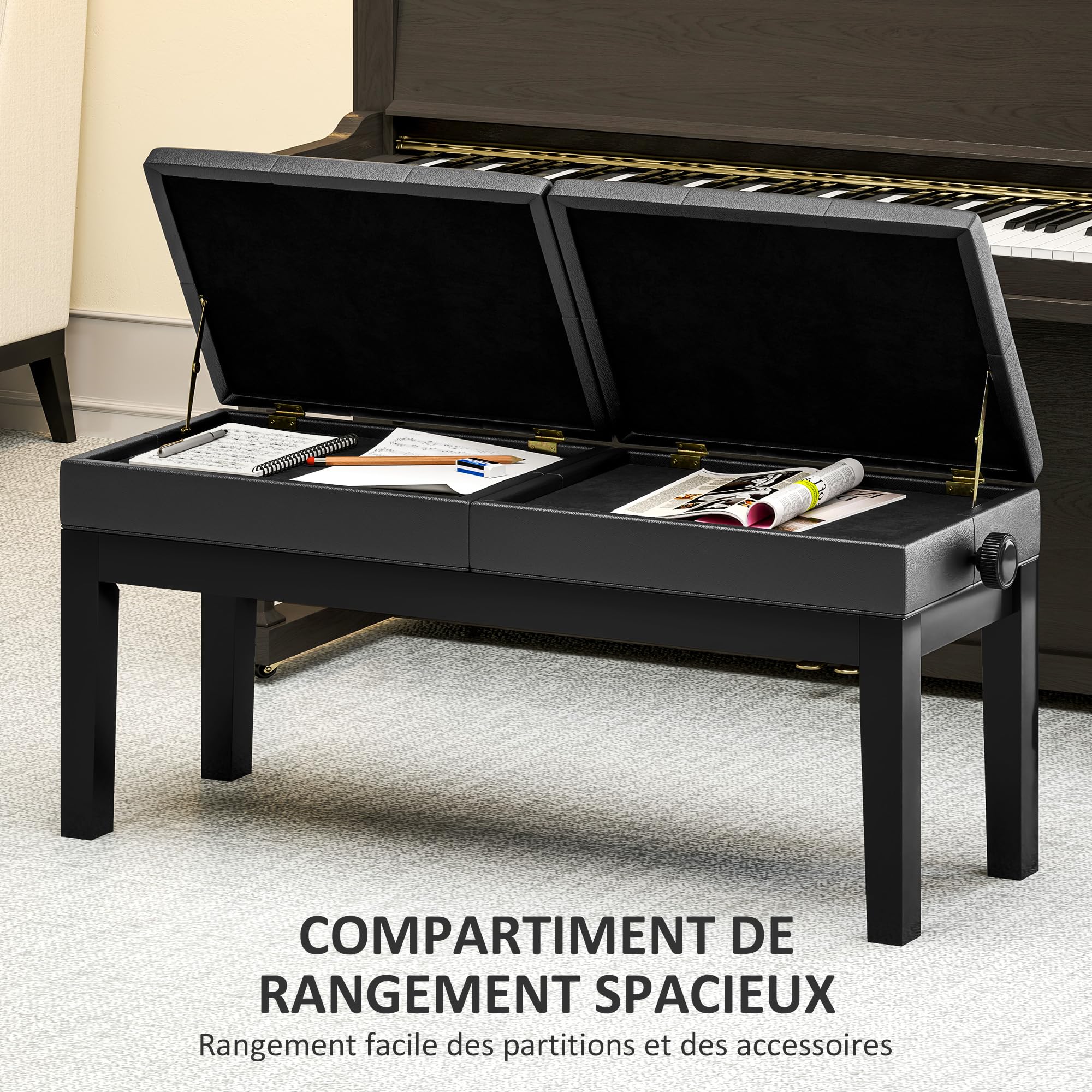 HOMCOM Banc de Piano réglable en Hauteur, Tabouret de Piano avec Rangement, Banquette pour Clavier capitonné, Pieds en Bois d'hévéa, Noir