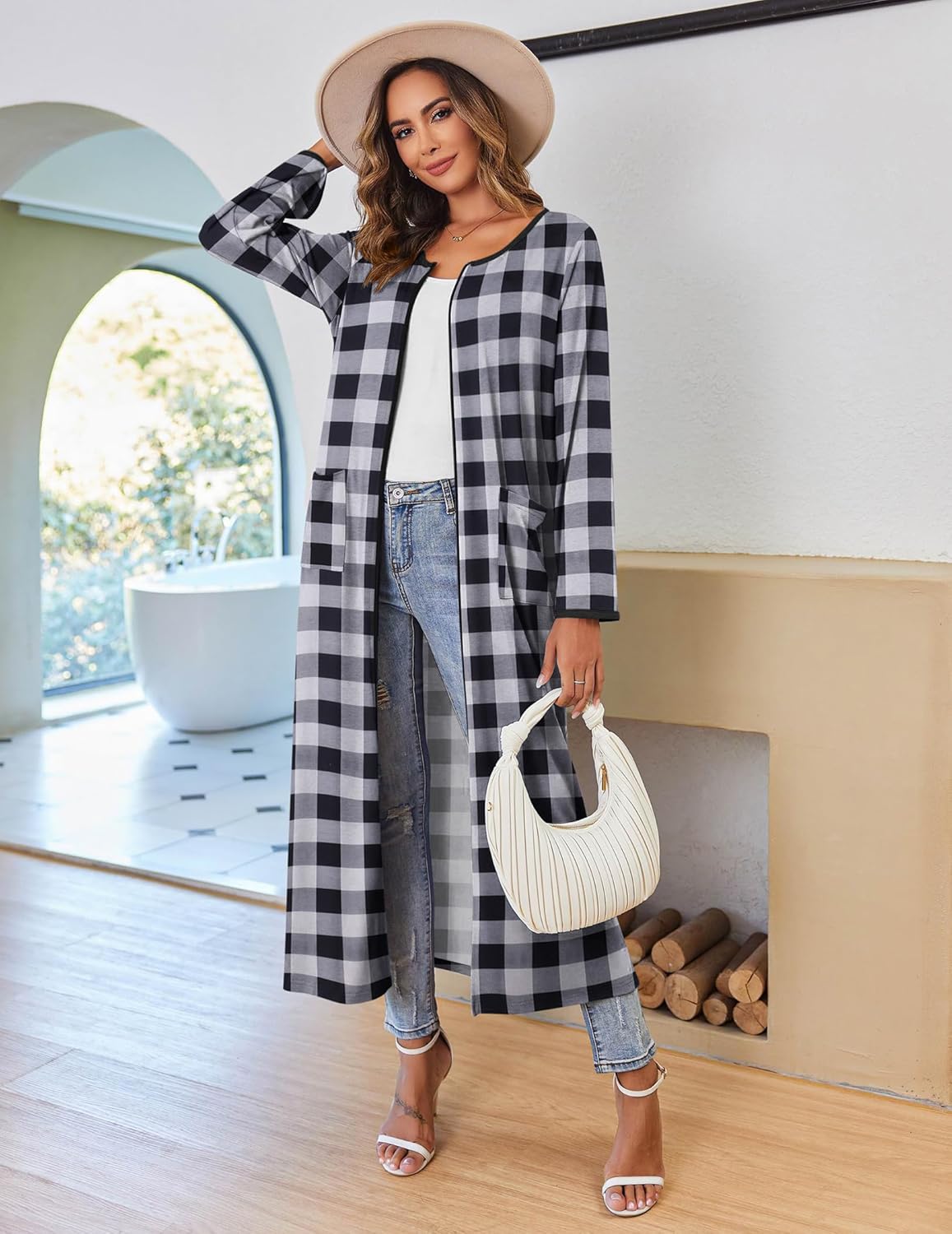 Ekouaer Women Long House Coat Zipper Front Robes Full Length Nightgowns with Pockets Striped Loungewear S-4XL - Image 4