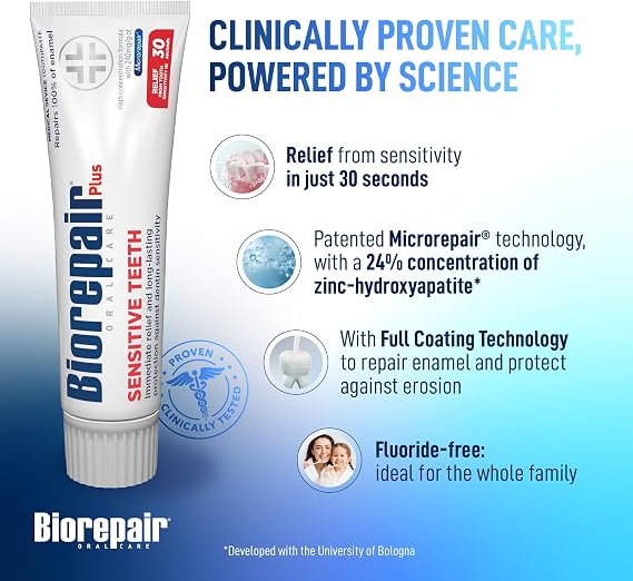 Biorepair Plus Sensitive Teeth Toothpaste - 240 mg/g microRepair Fluoride Free Hydroxypatite – Enamel Repair that Immediately Reduces Tooth Sensitivity (Pack of 3)