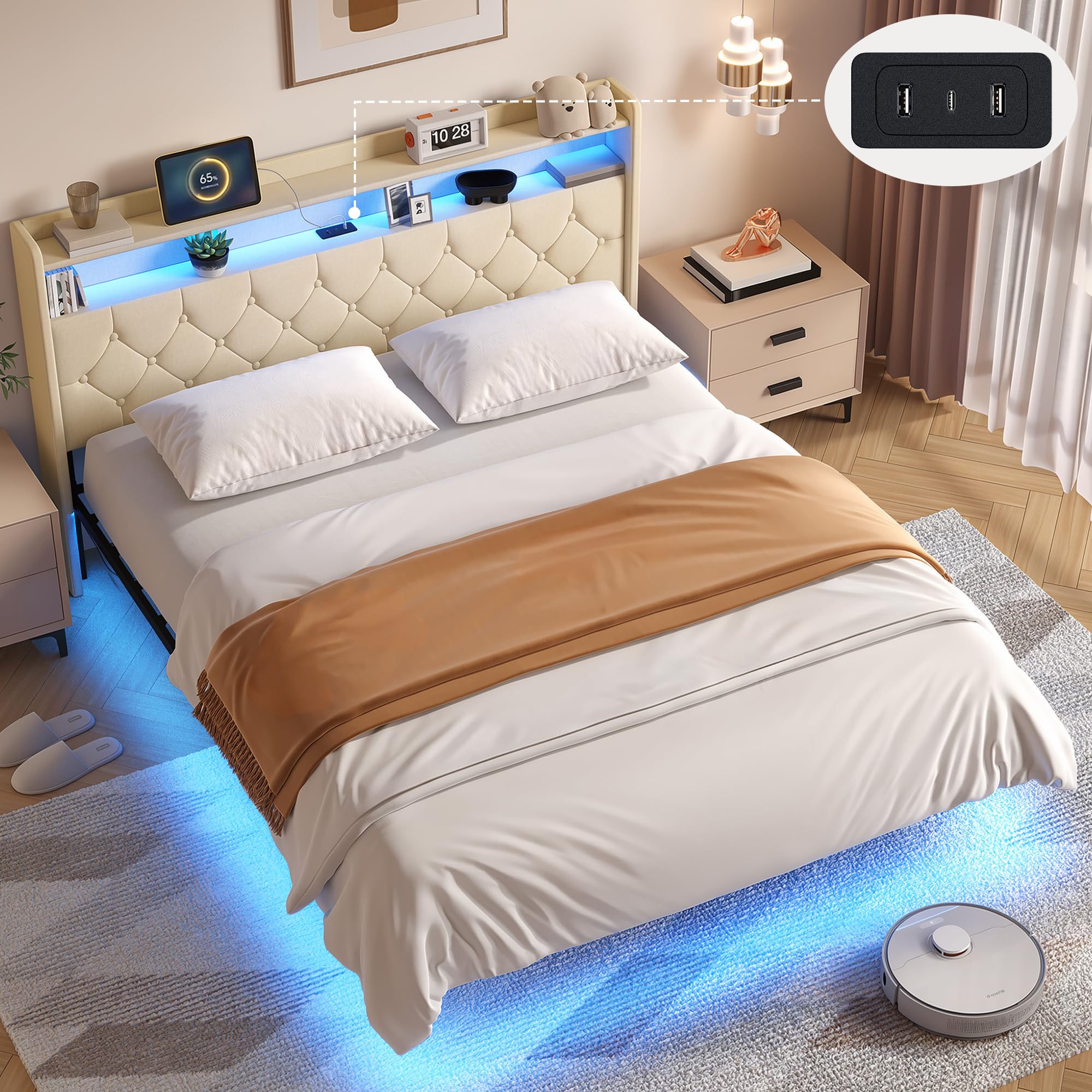 Xbro Łóżko 160x200 cm z pływającym, tapicerowane łóżko z oświetleniem LED i stacją ładującą (USB/wtyczka), wyściełany zagłówek z miejscem do przechowywania, Somier, ciemnoszary