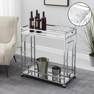 HomeStock Antique Appeal Square Chrome Faux Marble Mirrored Bar Cart wit...