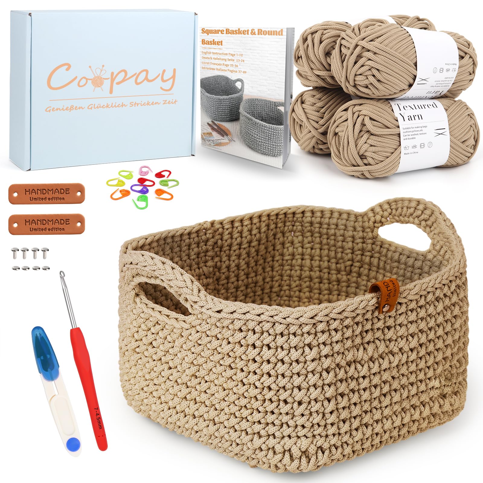 Coopay Häkelset für Anfänger, Square Körbe Häkel Set mit Häkelanleitung, DIY Häkelset für Körbe Häkeln Lernen mit Häkelnadel 4,5mm, Dicke Häkelgarn, Anfänger Häkelset für Körbe - Khaki