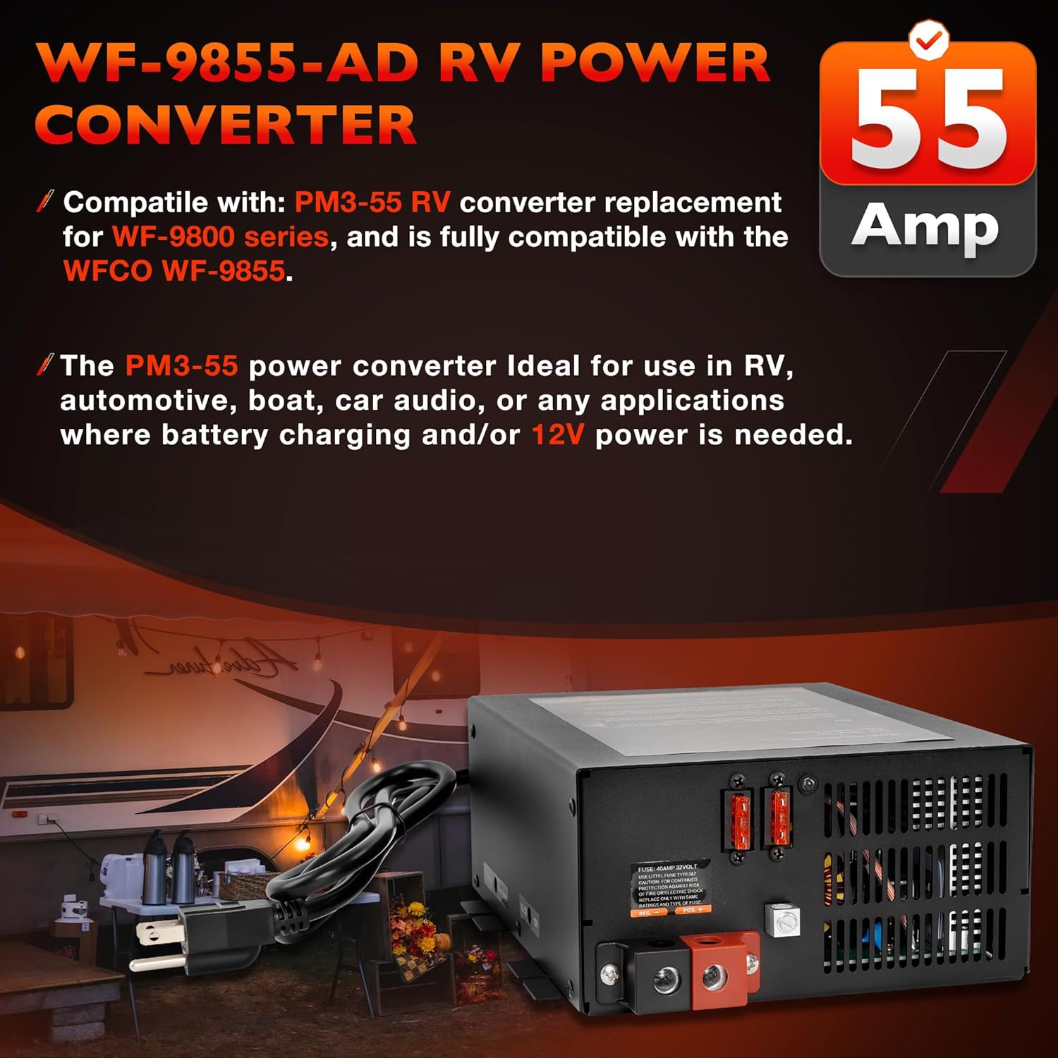 PM3-55 RV Power Converter 55 Amp, 110V to 12V DC Converter with Built-in 3-Stage Smart Battery Charger, Lithium Compatible, Adjustable 13–16.5V Output