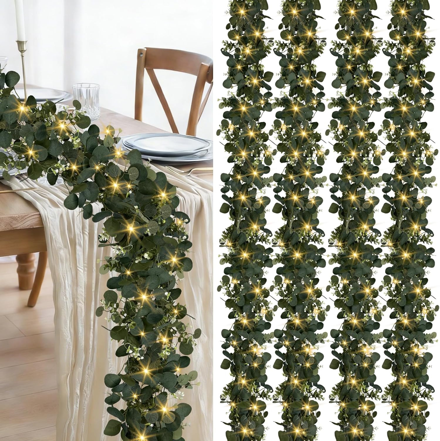 Eucalyptus Garland with Lights, 4 Packs 6FT Artificial Lighted Garland, Spring Summer Green Faux Garlands for Indoor Outdoor Home Decor Table Runner Wedding Arches Backdrops Decor