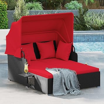 DREAMADE Outdoor Daybed with Canopy, 2 Person Rattan Sunbed with Cushions, 4 Pillows & 2 Foldable Side Trays, Patio Daybed for Backyard, Garden, Poolside, Balcony Red