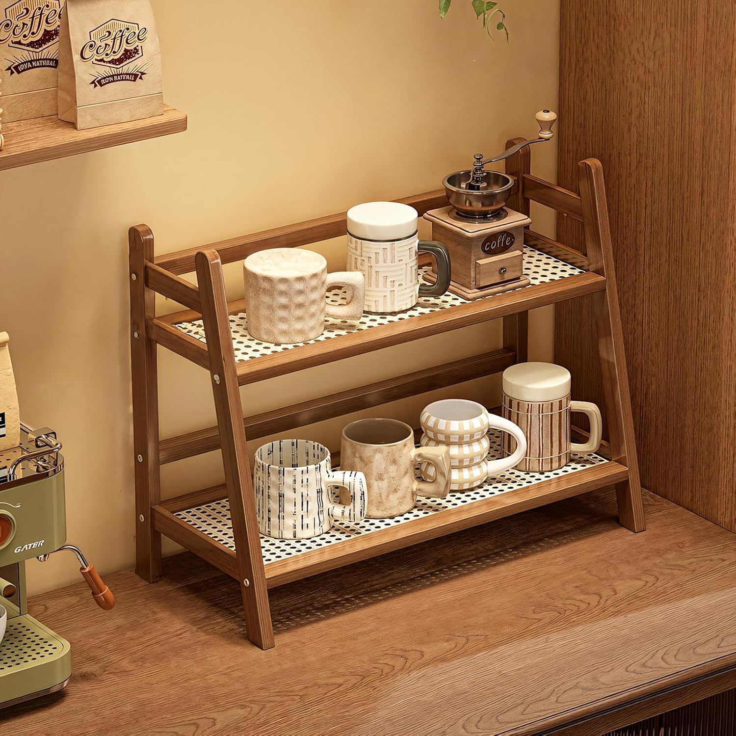Wicker-Look Coffee Station Organizer, Wood Mug Holder Countertop, Kitchen Counter Shelf for Tea Coffee Bar Accessories, Matcha Stand, Cup Display, Condiment Storage Rack, 2 Tier (Teak)-image-20