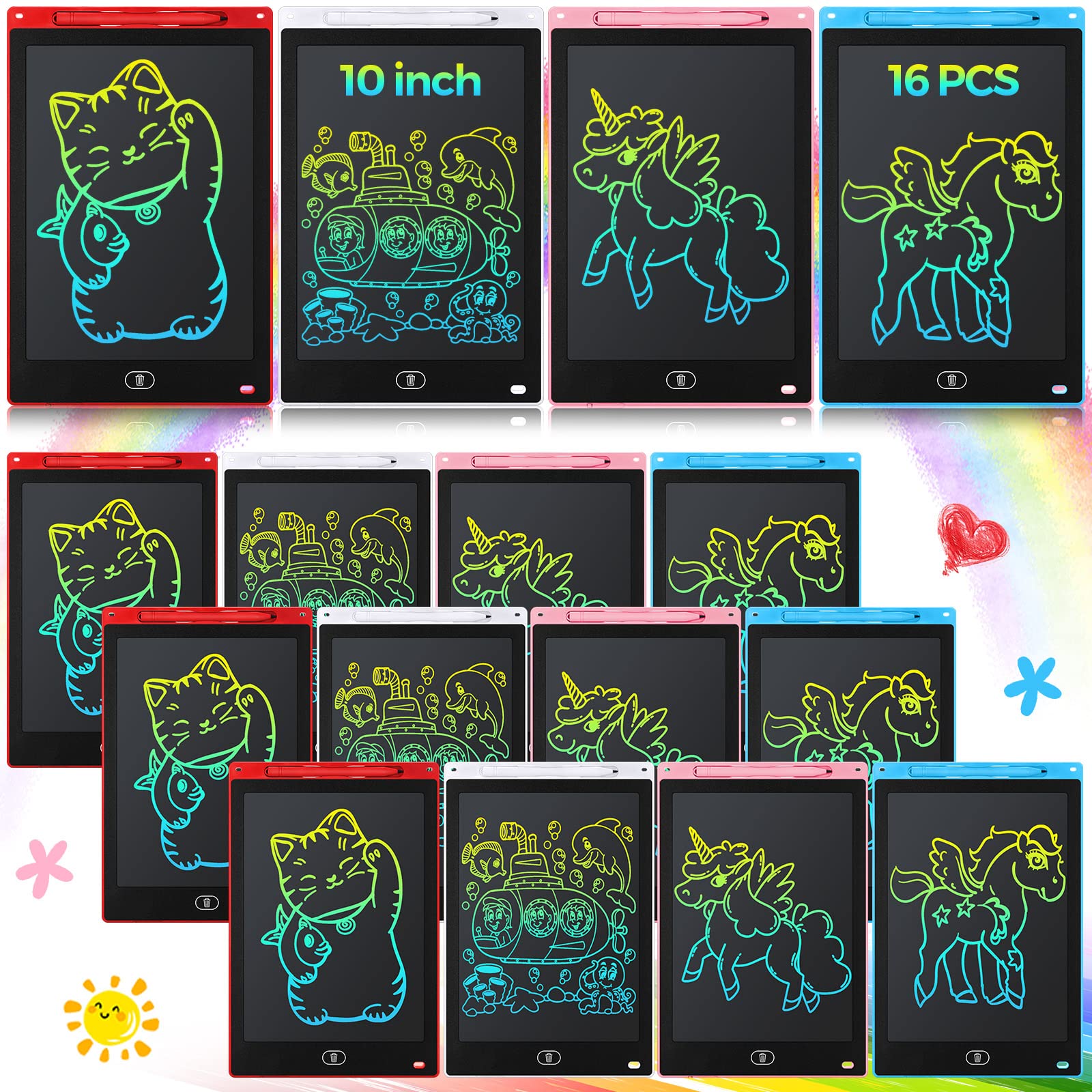 Paquete de 16 tabletas de escritura LCD de 10 pulgadas a granel para niños, almohadilla de dibujo borrable para niños, tablero de garabatos reutilizables y coloridos, juguetes educativos, regalos para