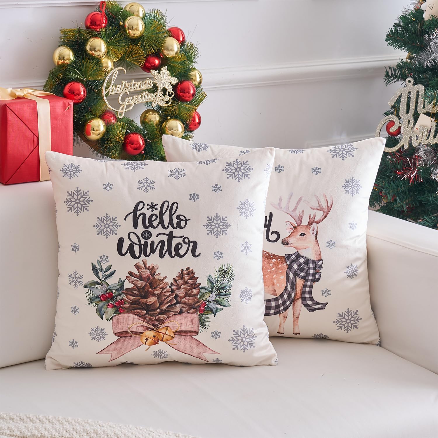 Christmas Throw Pillow Covers Set of 4 for Living Room, Soft & Cozy Velvet, Snowman, Star, Snowflake, Tree Cushion Cover, Festival Sytle Decorative Home (Christmas, 20x20 Inch)
