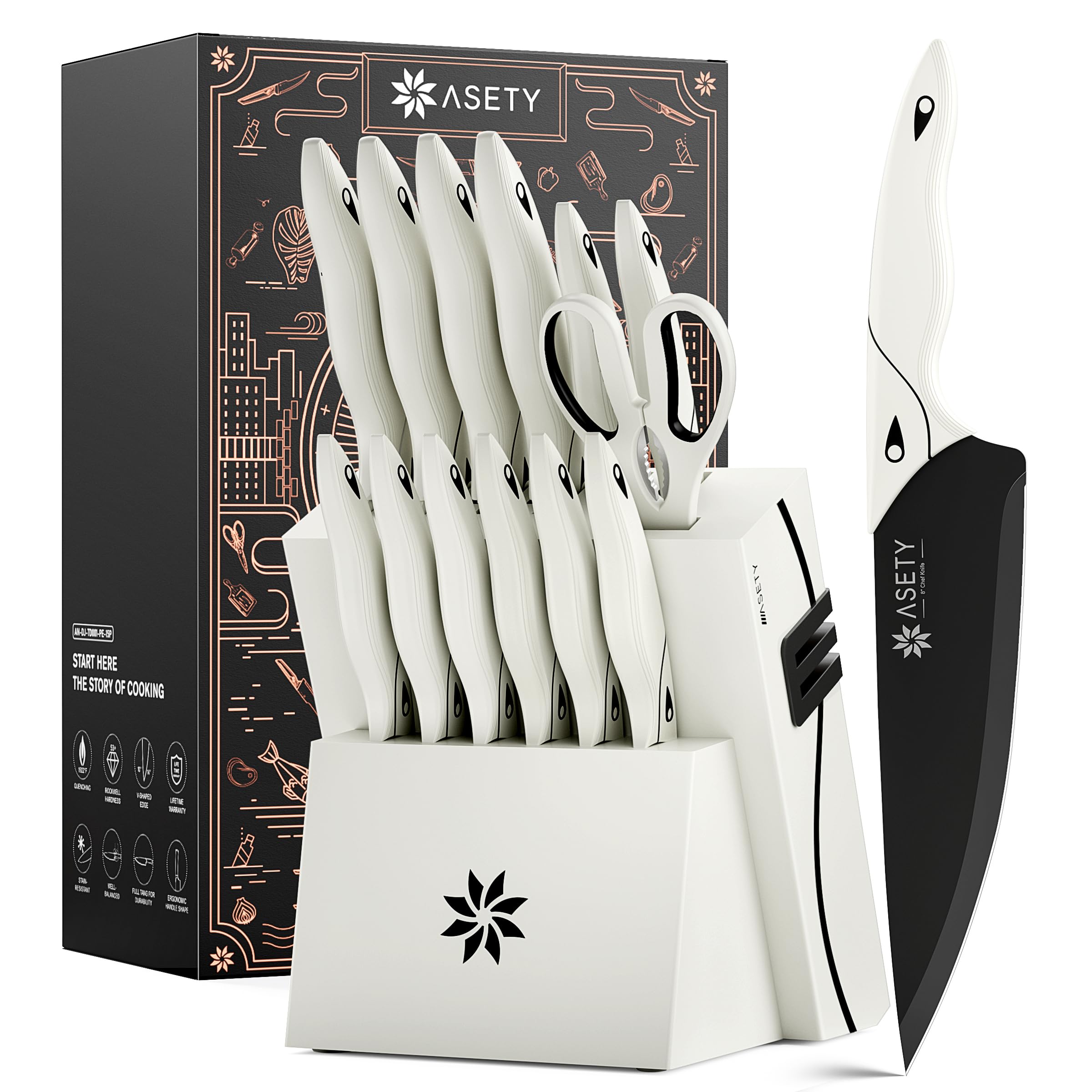 ASETY Kitchen Knife Set with Block 15 PCS, Dishwasher Safe Kitchen Knives