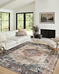 vivorug 9x12 Area Rugs for Living Room, Non Slip Machine Washable Vintage Rug, Ultra-Thin Lightweight Large Area Rug for Bedroom, Dining Room, Low Pile Brown