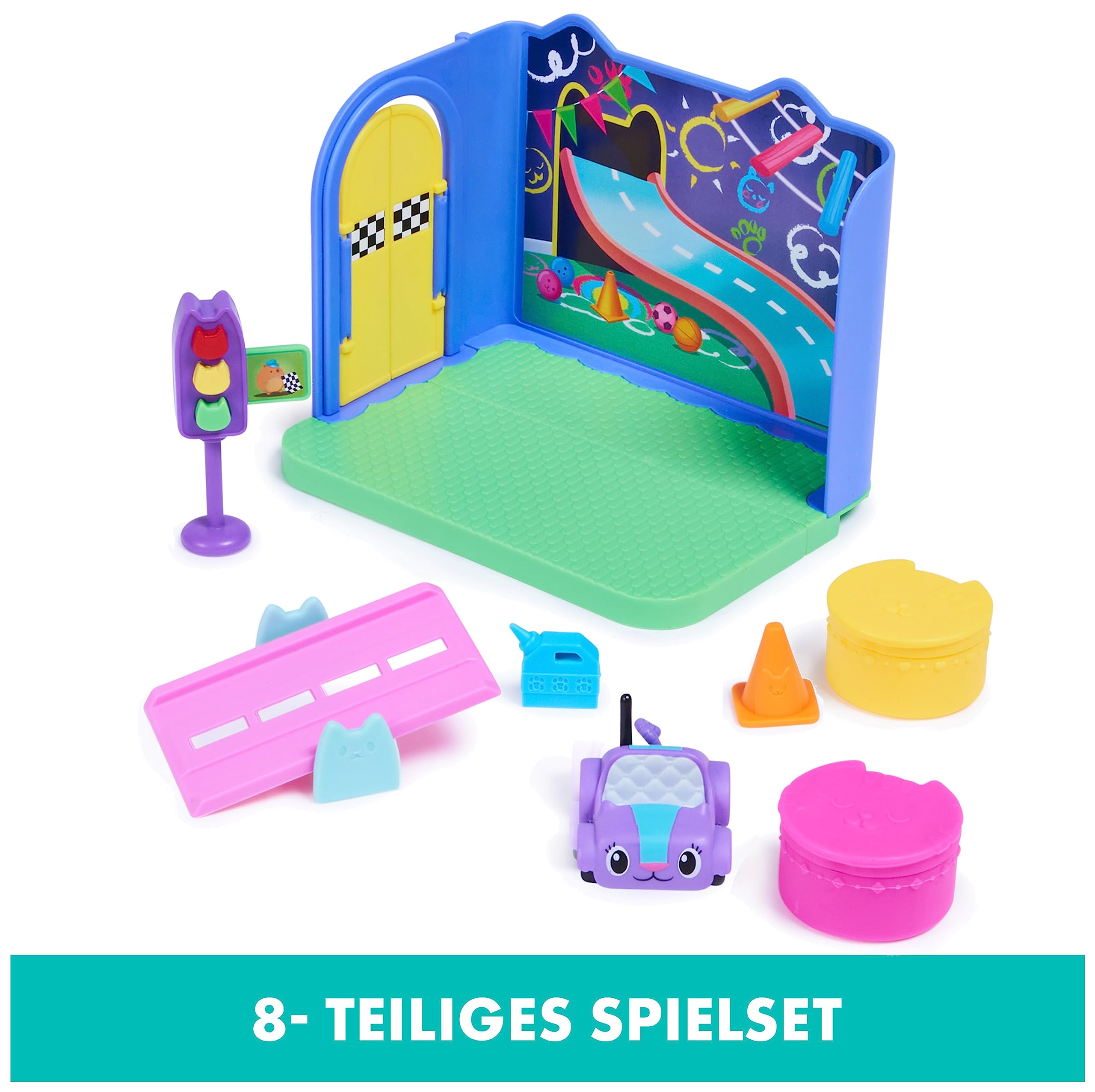 DREAMWORKS GABBY'S DOLLHOUSE - Deluxe Raum, Purr-ific Play Room, Spielzimmer mit Carlita Spielzeugauto, 2 Möbelstücken und 2 Überraschungsboxen mit Zubehörteilen, geeignet für Kinder ab 3 Jahren