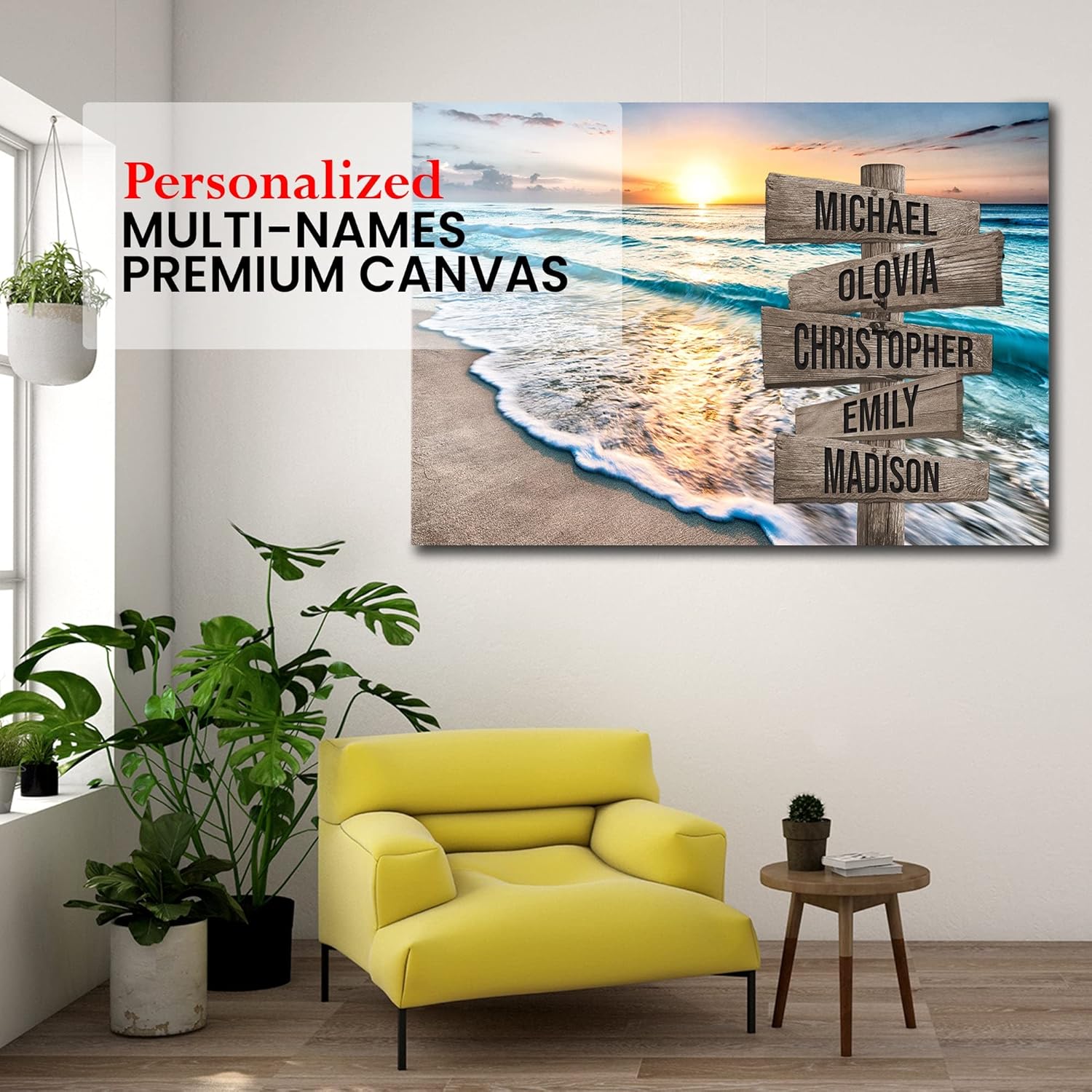 My Soul & Spirit - Ocean Sunset Color Personalized Multi-Names Premium Canvas, Crossroads Personalized Canvas For Wall To Print Framed (18"x12") 18 in x 12 in