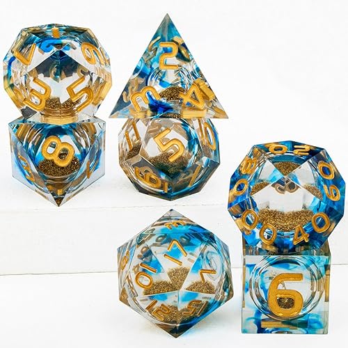 Miniatura 6 de DND - Juego de dados de núcleo líquido con caja, dados de resina de borde afilado azul, juego de dados poliédricos D y D hechos a mano transparentes