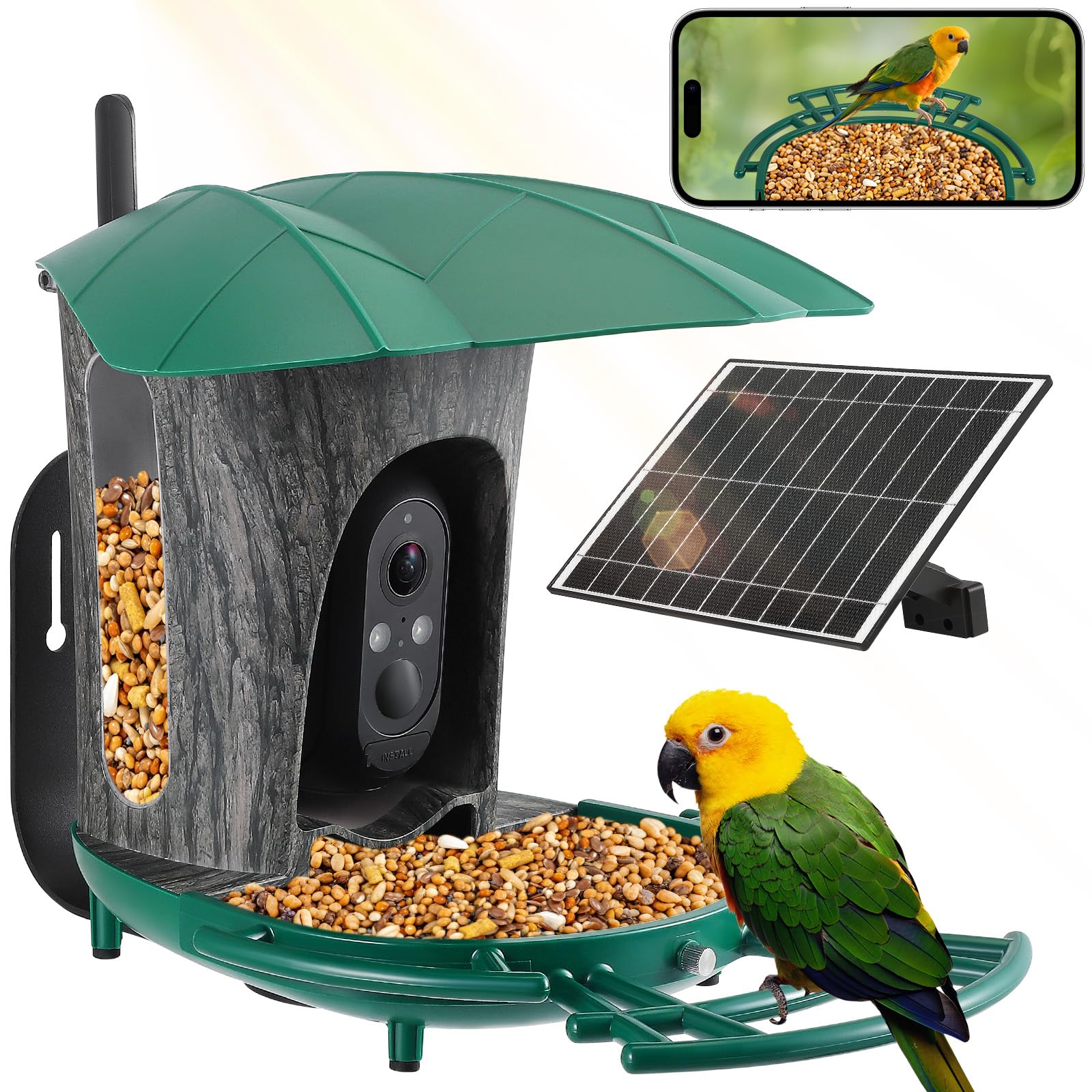 Comedero para pájaros con cámara, caseta solar para pájaros para uso al aire libre, comedero para pájaros 1080P, resistente a la intemperie IP66 (verde oscuro)