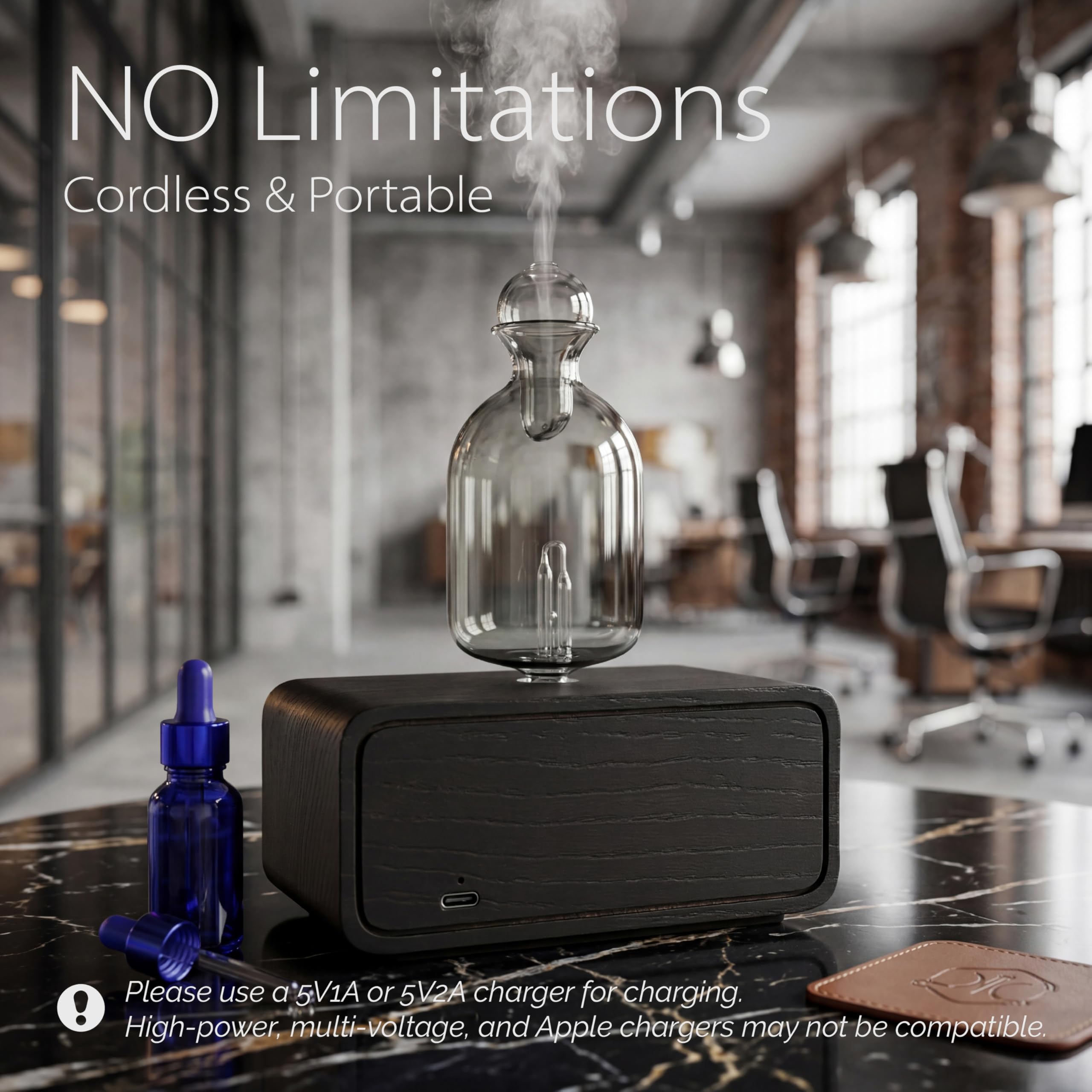 Nuit Diffusore di Oli Essenziali Senza Acqua, Nebulizzatore in Vetro Nero Ossidiana con Base in Legno Scuro, Diffusore Ricaricabile con 4 Timer & LED, per Ufficio Casa Yoga