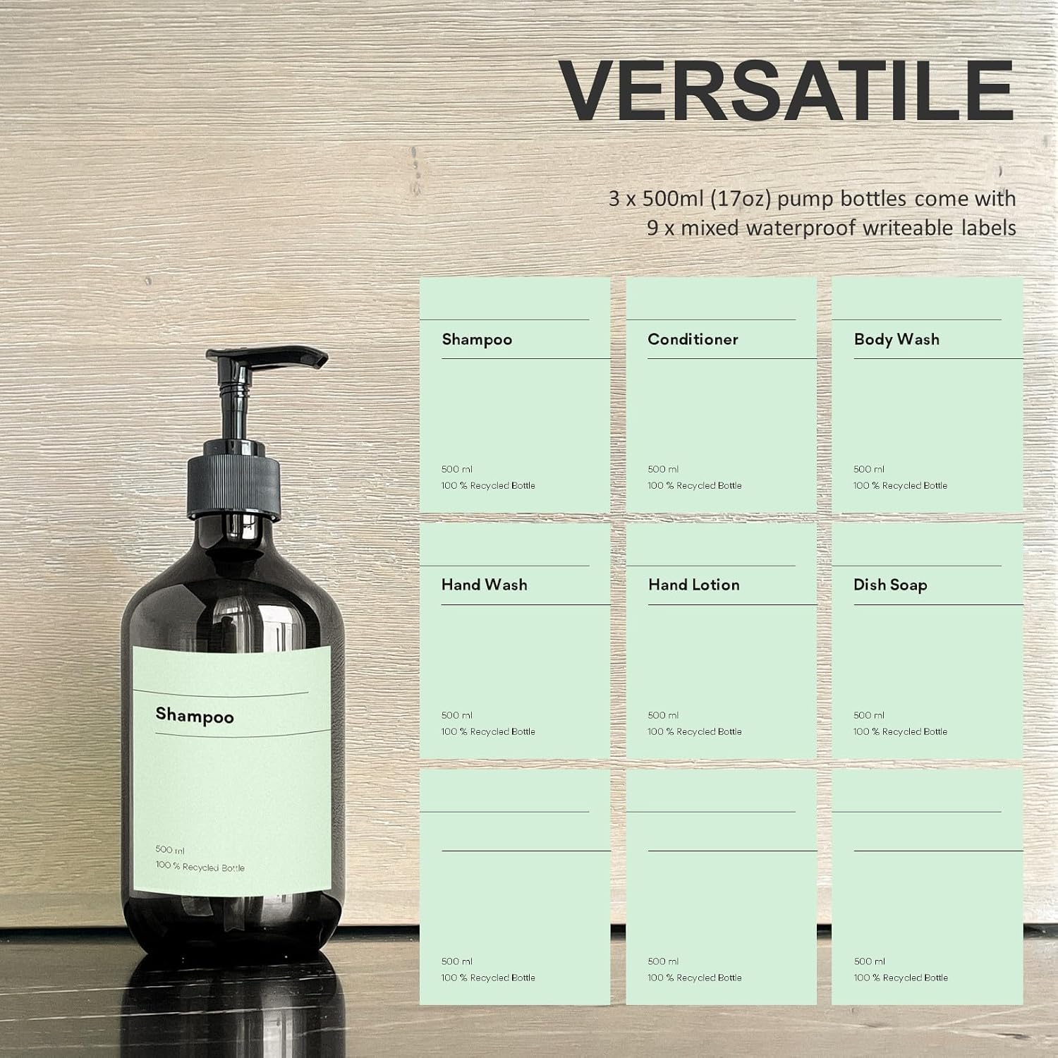 Recycled Plastic Pump Bottle Dispenser 3 x 500ml, Bathroom Bottles with Labels, Empty Refillable Shampoo and Conditioner Dispenser Bottle with Pump for Liquid Hand Soap, Shower Gel, Body Wash, Lotion image 3