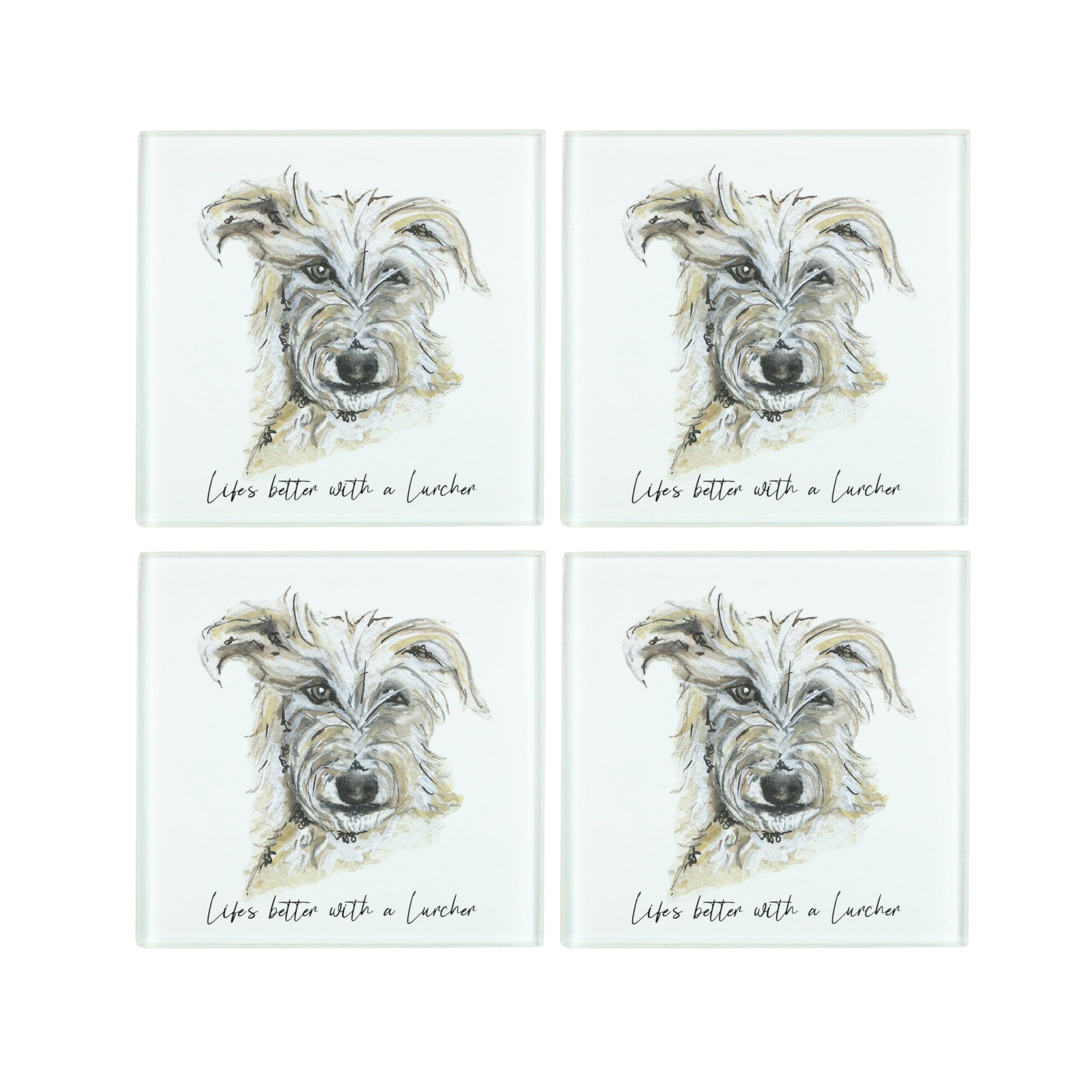 Lurcher Coaster Set - Life's Better With a Dog Gift - Square Glass Set of Four (4) Coasters