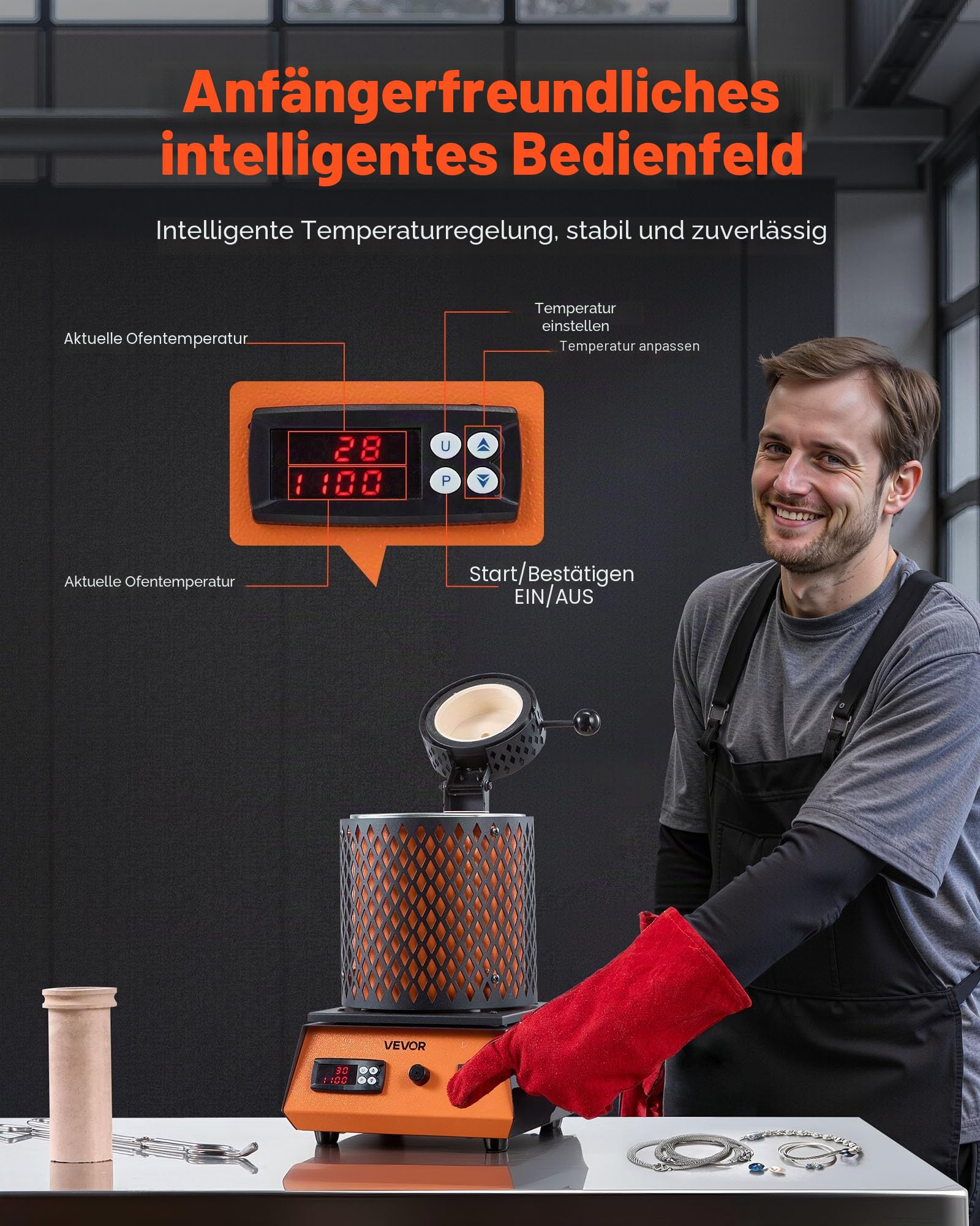 VEVOR digitaler Goldschmelzofen Maschine mit 3 kg Keramiktiegel, elektrischer Schmelzofen 1350 W max. 1150 ℃, Metallschmelzofen Set für Schmuckherstellung Metallbarren Metallkomponenten Schwarz