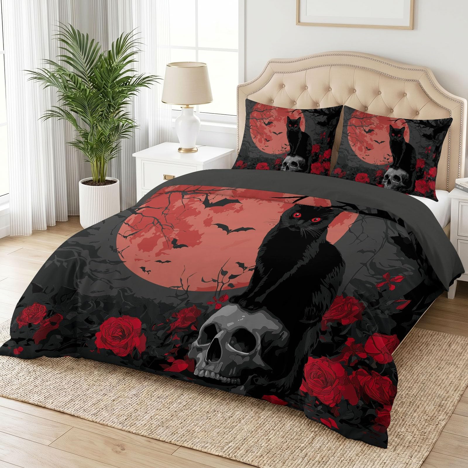 Juego de funda de edredón y funda de almohada de Halloween con diseño gótico rosa, calavera de gato negro, luna roja, ropa de cama de microfibra suave, 260 x 220 cm, reversible, hipoalergénica, para