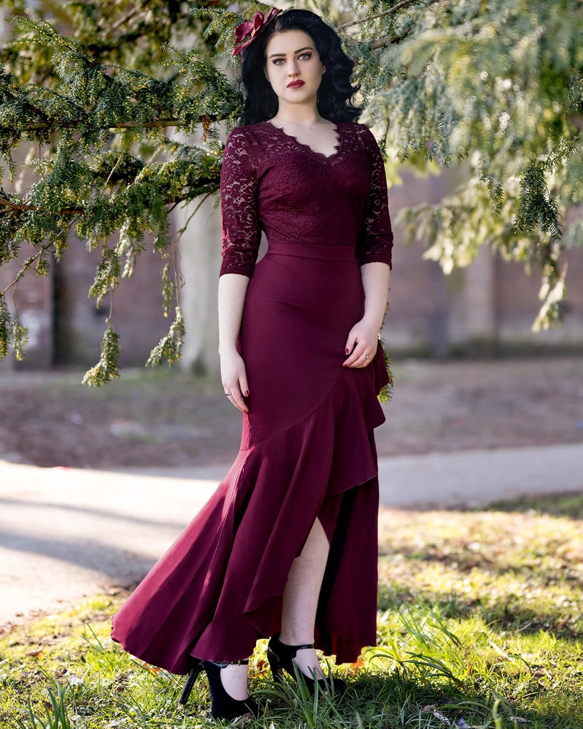 MISSMAY Women's Classy V-Neck Ruffle Split Formal Evening Prom Maxi Dress