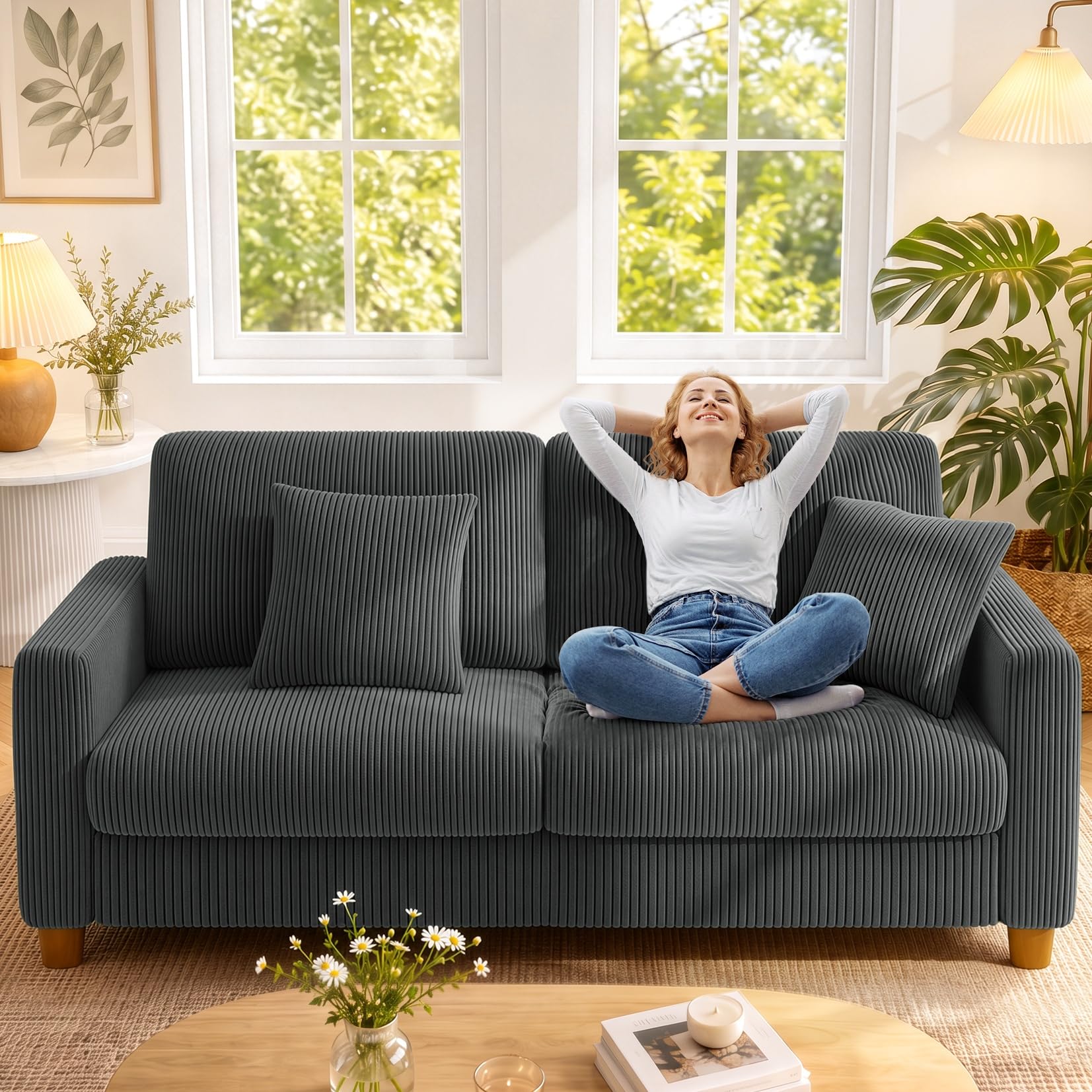 Kidirect Cord Sofa 3 Sitzer, 178CM Bequemes Couch 3 Sitzer, Sofa Wohnzimmer