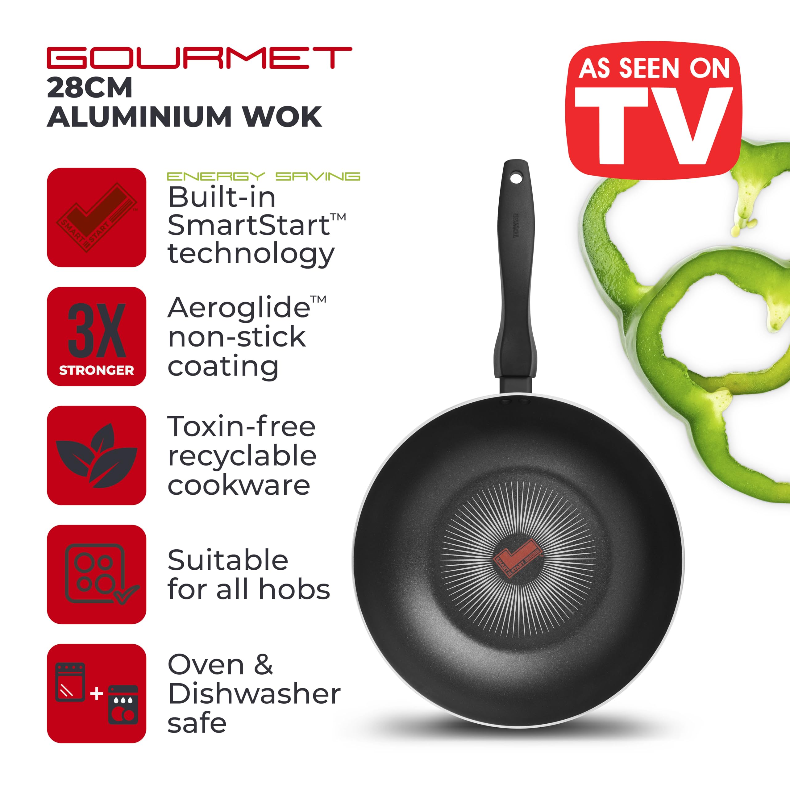 Tower Wok SmartStart Gourmet T700316 de aluminio con revestimiento antiadherente Aeroglide de 28 cm, compatible con inducción
