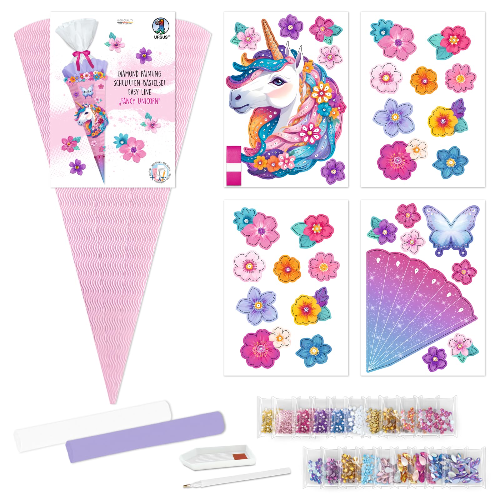 URSUS 10040001 - Kit per la realizzazione del cono scuola Diamond Painting Easy Line Fancy Unicorn, rosa, a 6 facce, in cartone 3D, 68 cm, diametro circa 20 cm, per realizzare un cono di zucchero