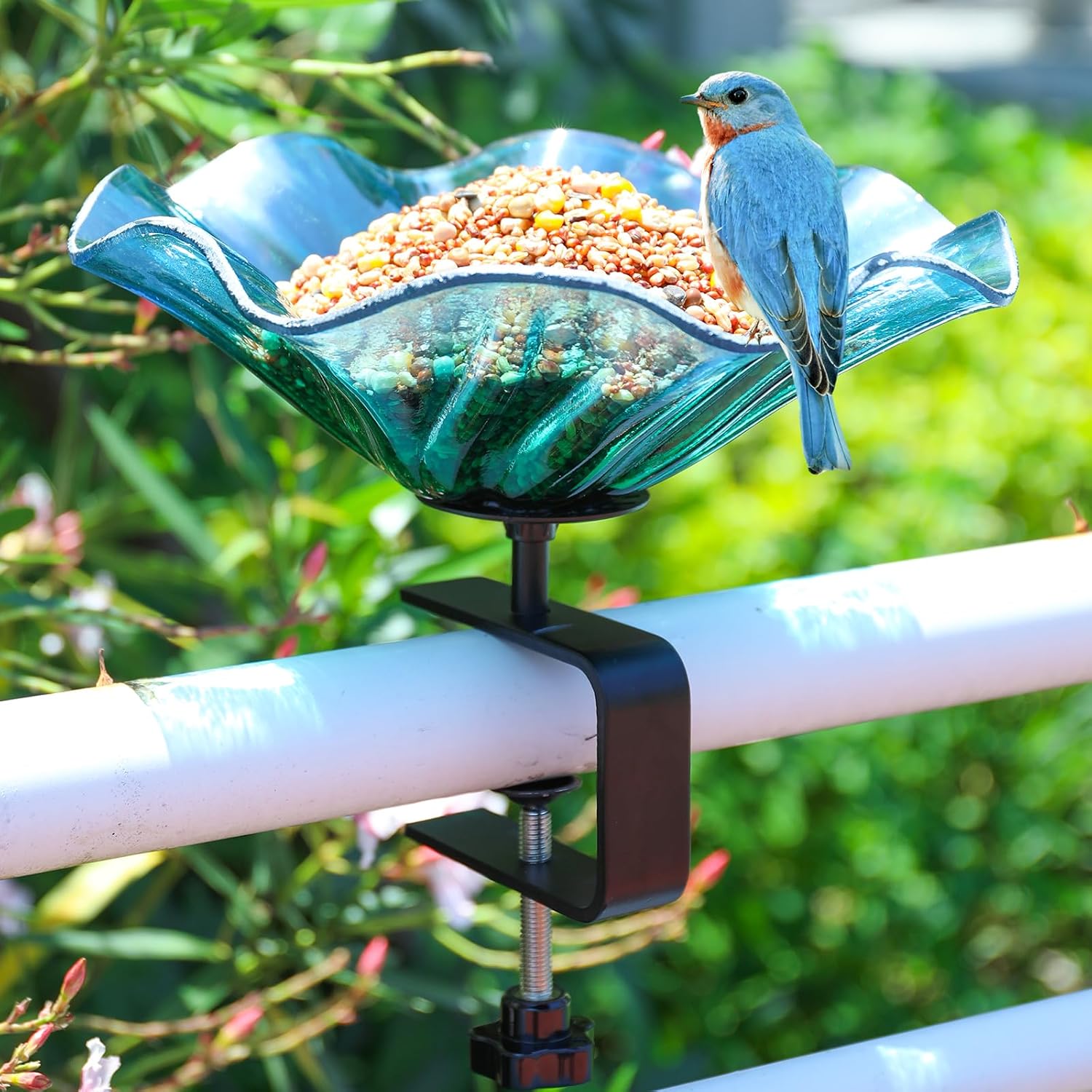 MUMTOP Deck Mounted Bird Baths for Outdoors, Glass Bird Baths Bowl with Adjustable Sturdy Steel Fence Clamp for Garden Patio Lawn Yard Deck Balcony Railing, Blue