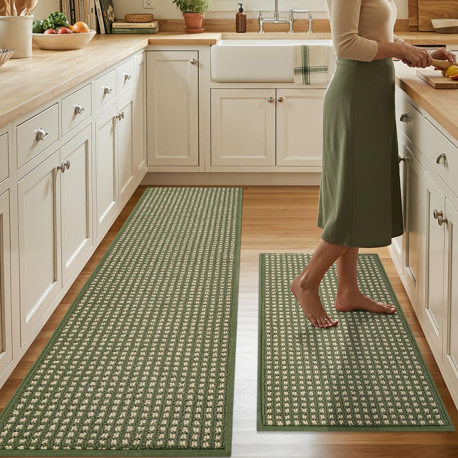 Kitchen Rugs,Non Slip Absorbent Kitchen Mats for Floor-Thick Stain Resistant Washable Kitchen Floor Mat Runner Carpet for Hallways,Entryway,Laundry Room,Sink(17"x29"+17"x59",Green,Roll Package)