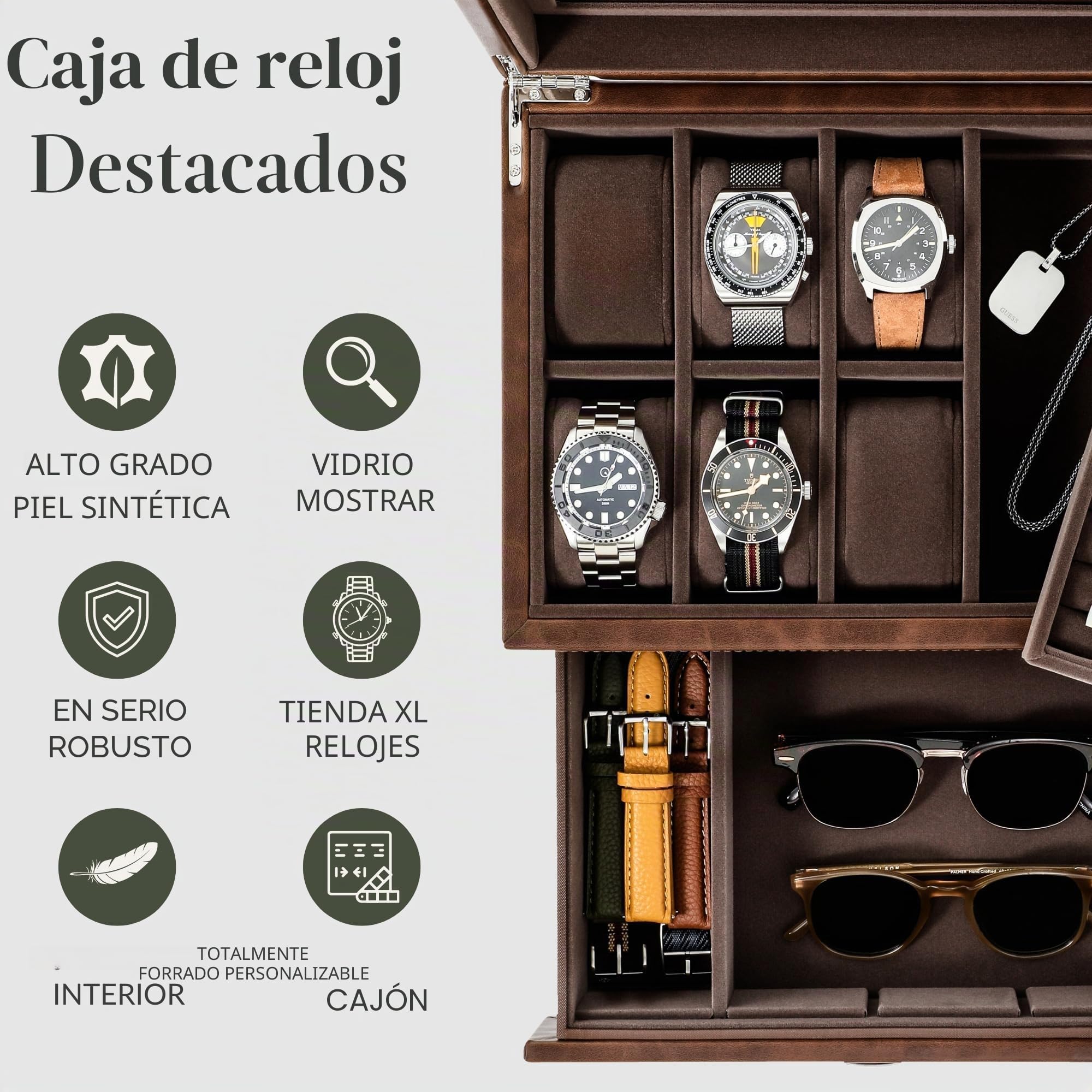 TAWBURY Estuche de Cuero Vegano para 6 Relojes y Joyería para Hombre - Organizador y Caja de Almacenamiento