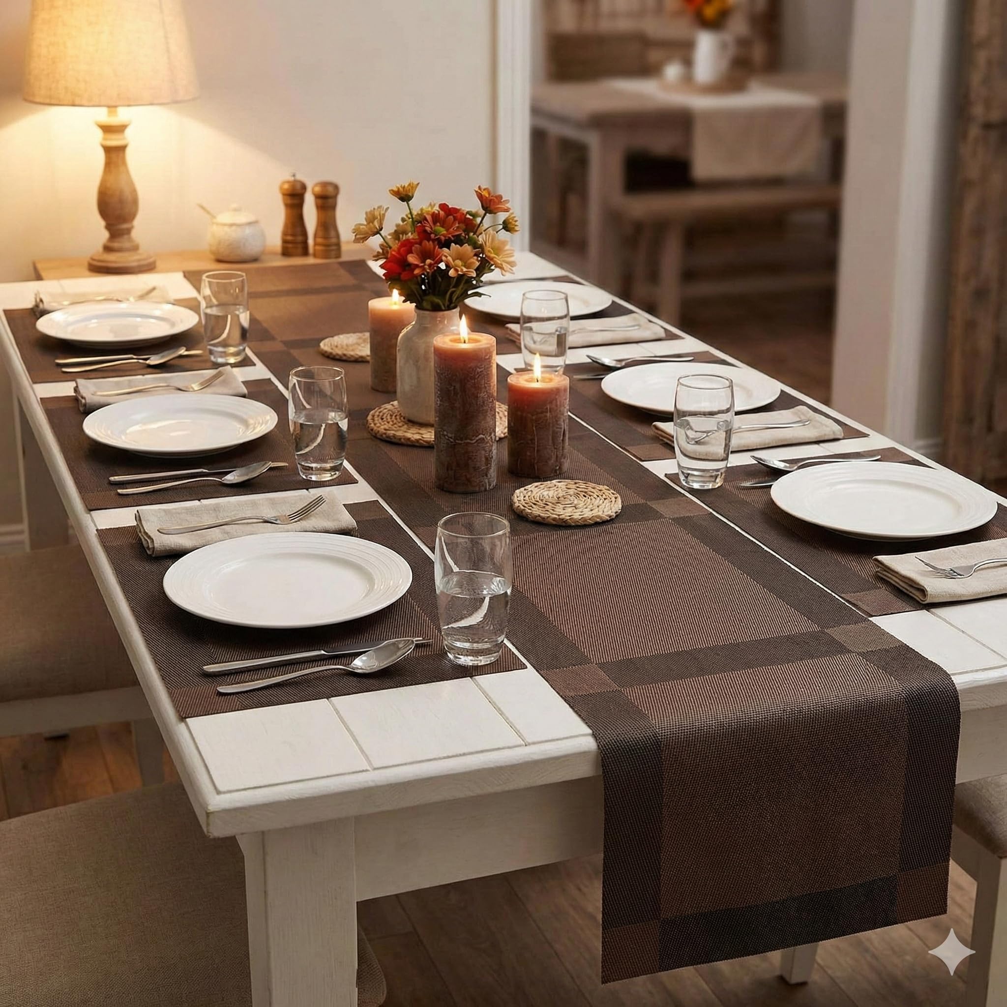 YELONA Dining Table Placemats and Runner Set - Heat Resistant, Washable, Stain Resistant Mats - Woven Vinyl Plastic - Easy to Clean-(45x30 cm 6 Placemats, 180x30 cm 1 Runner)-Ideal for Stylish Dining