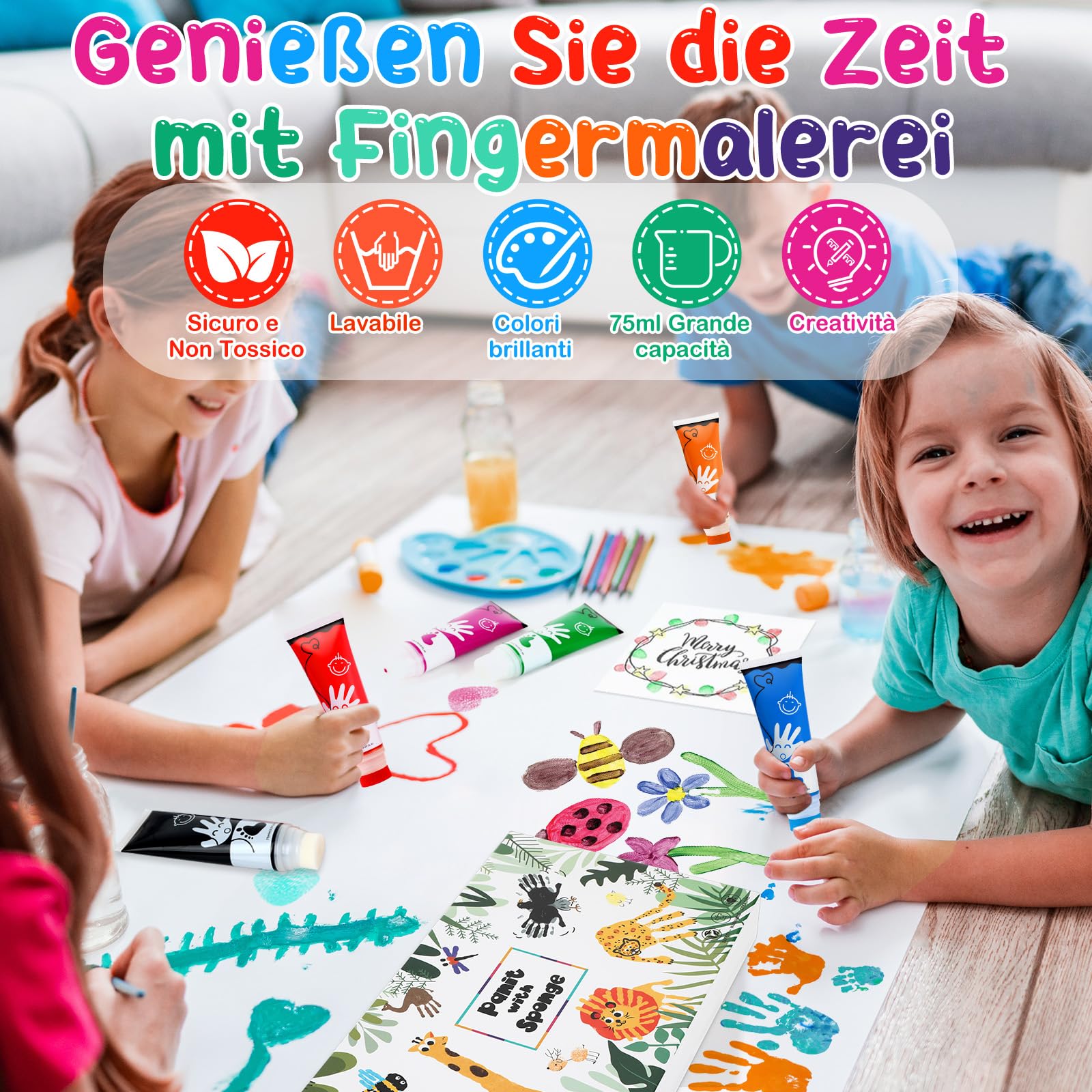 Colori a Dita per Bambini Atossici Con Testa In Spugna 8 Colori Lavabile 75 ml/tubo, Colori a Dita Adatto per i Regali di Educazione Precoce dei Bambini, Pittura Fatta a Mano