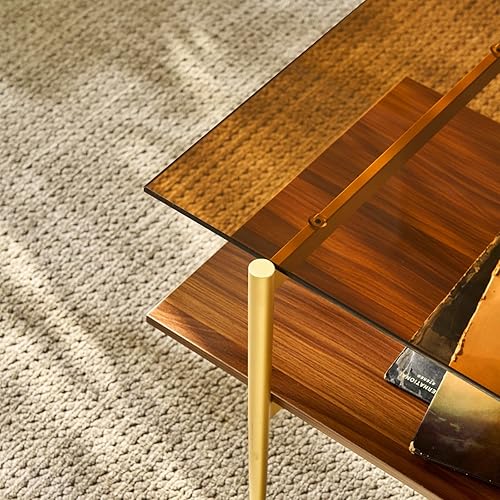 Miniatura 7 de Saint Mossi Tadio - Mesa de centro de vidrio de doble capa para sala de estar, estante inferior de MDF marrón y café