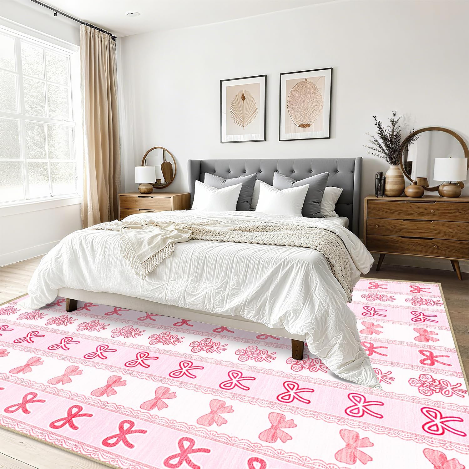 Pink Bow Area Rug 3x5 for Living Room Girls Bedroom, Bow Area Rugs Machine Washable Rug Non-Slip Printed Low-Pile Floor Carpet for Vanity Nusery Kitchen Bathroom
