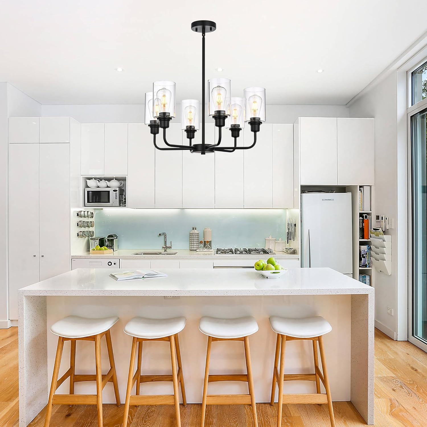 Black Chandelier | 6 Lights Farmhouse Chandeliers for Dining Room Light Fixtures Over Table | Hallway Lighting with Clear Glass Shade for Living Room | Kitchen | Entryway | Bedroom | Bathroom