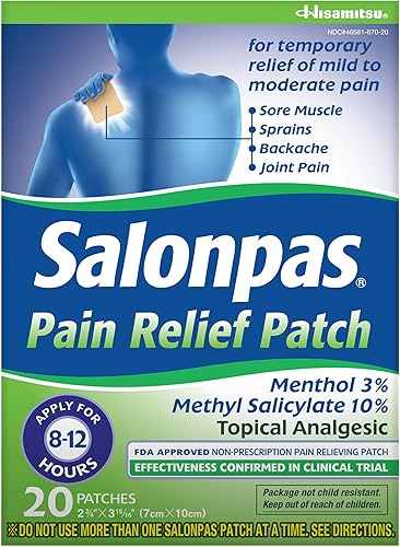 Salonpas Parche para aliviar el dolor, 20 unidades (paquete de 1), hasta 12 horas de alivio temporal del dolor leve a moderado, dolor de espalda,