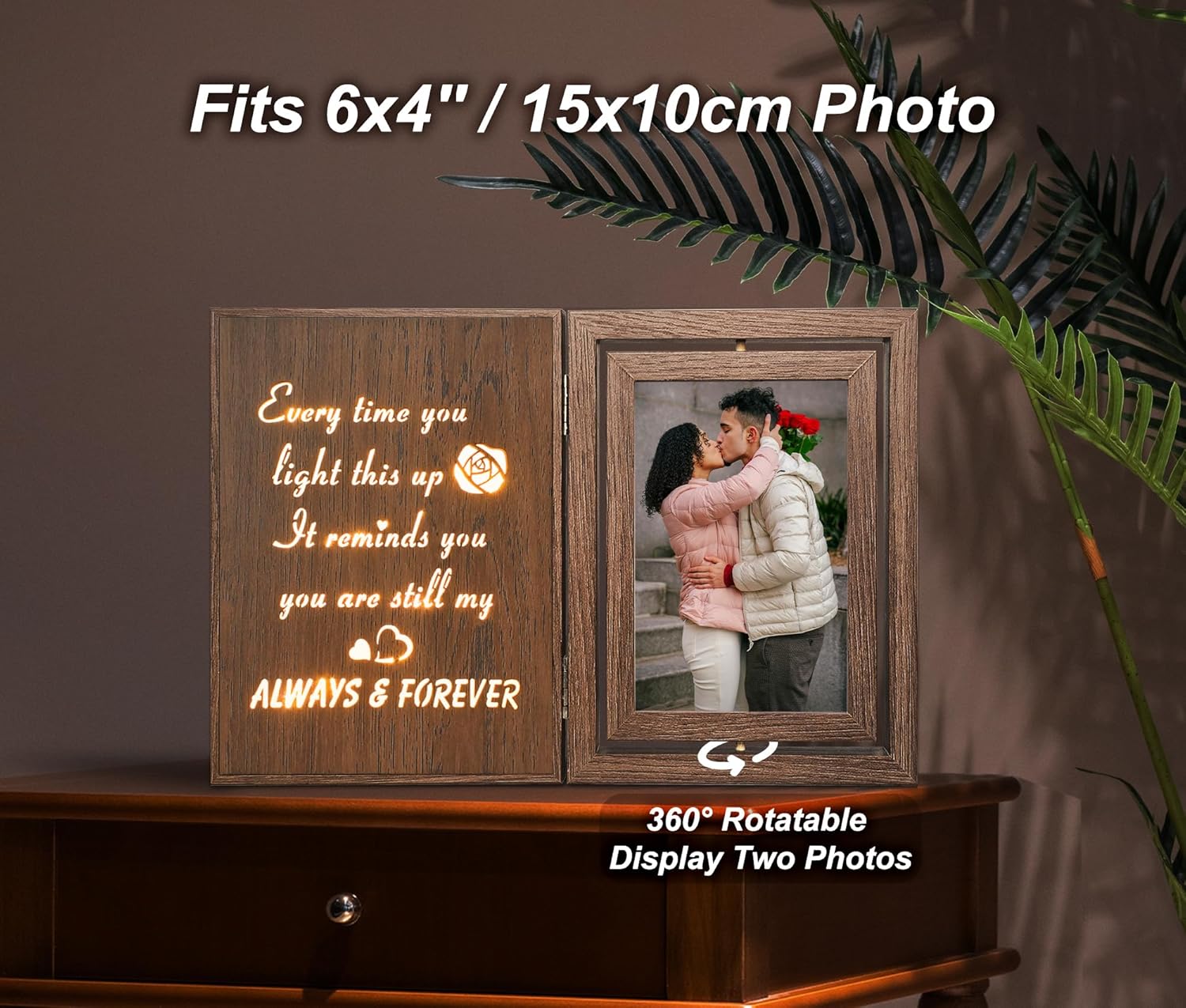 Light Up Couple Picture Frame – Wooden Rotating Glowing Love Photo Frame, Holds 2 4x6 Photos, Anniversary Wedding Gifts for Wife, Husband & Couples - Image 3
