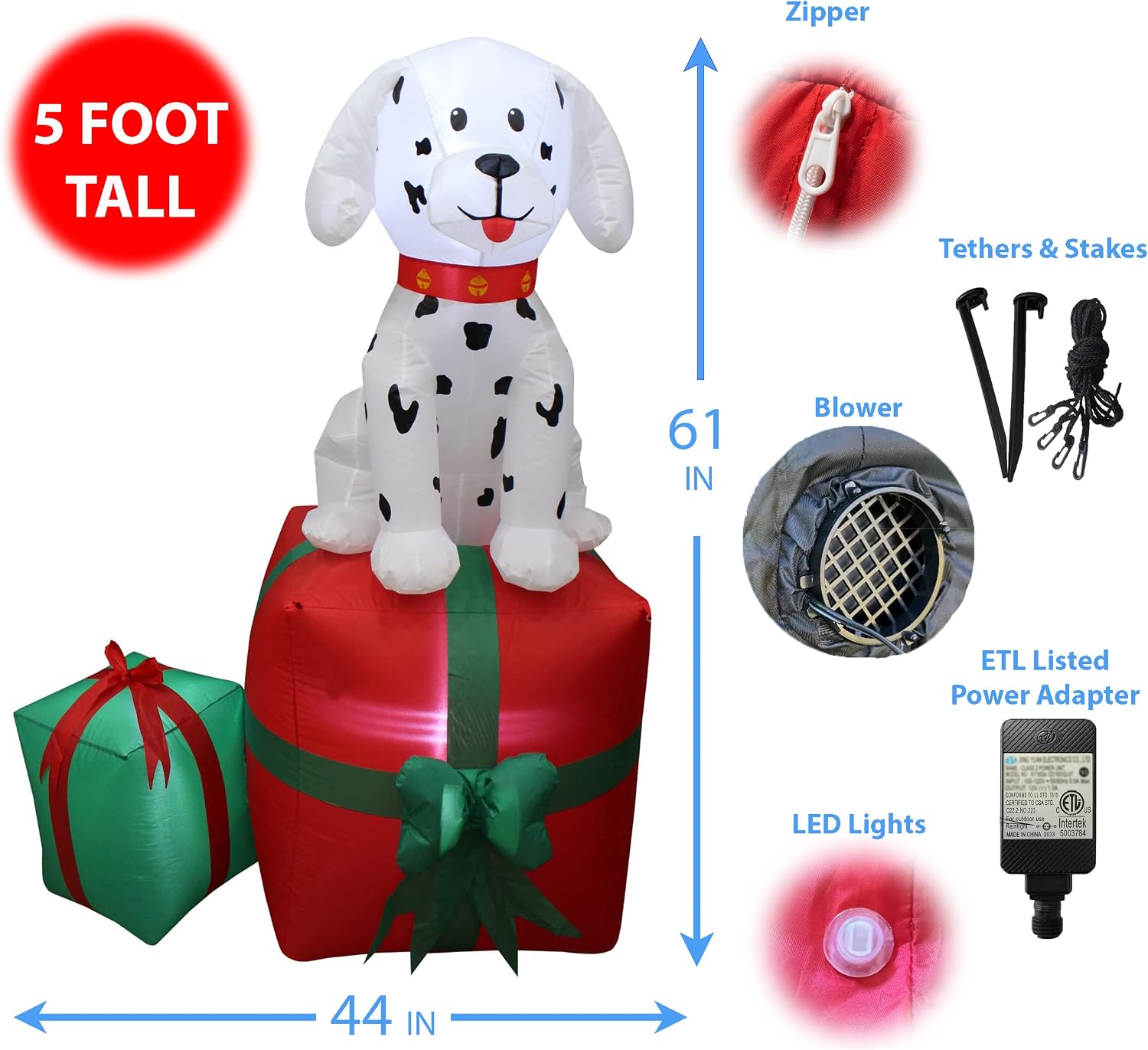 5 FT Lighted Christmas Inflatable Dalmatian Puppy on Gift Box – Outdoor Indoor Holiday Decoration with Built-in LED Lights Self-Inflating Blower Weather-Resistant Blow-Up Yard Decor